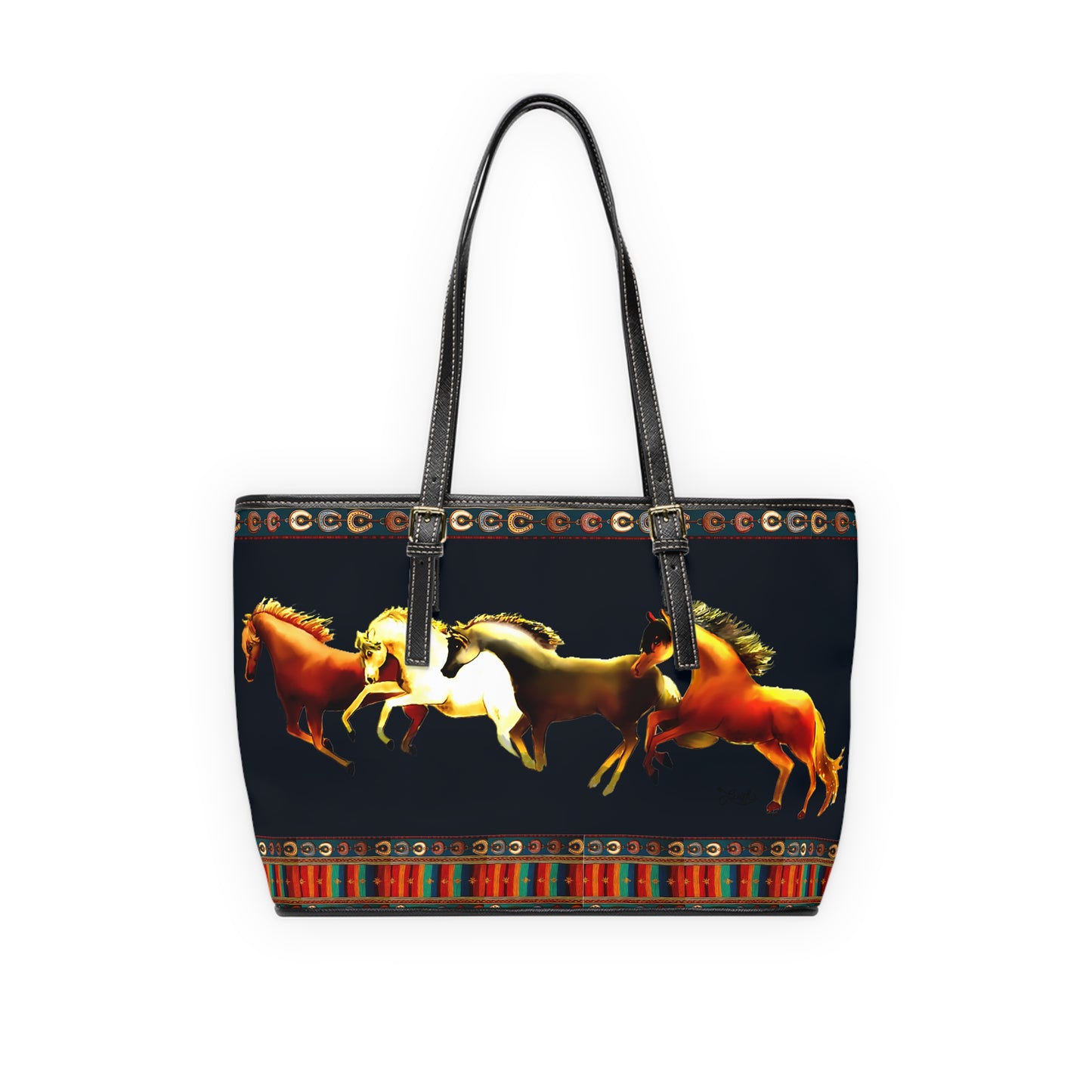 Dawn Treaders Blue PU Leather Shoulder Bag with Running Horses Design