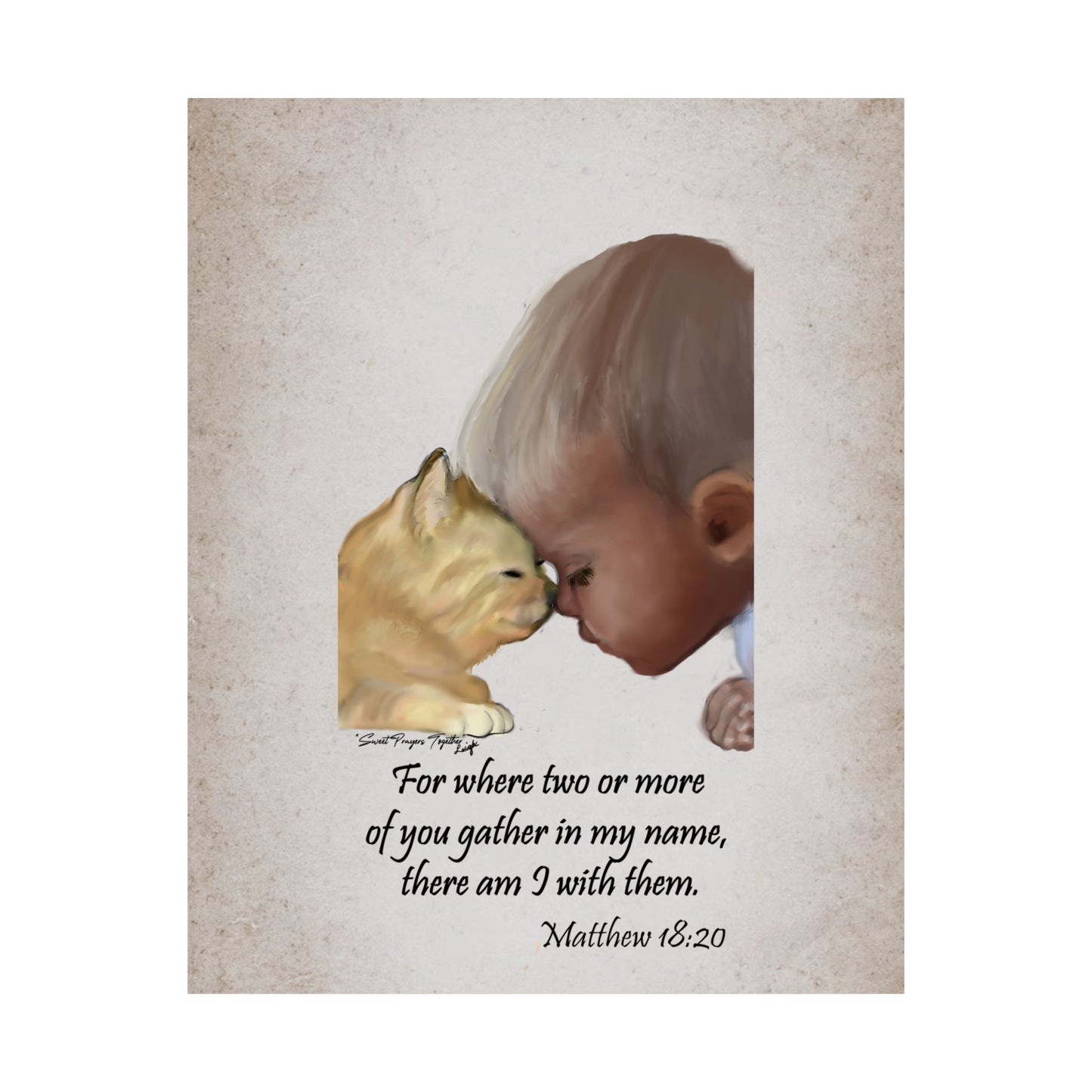 Sweet Prayers - Matte Vertical Print - Child and Cat with Matthew 18:20 Quote