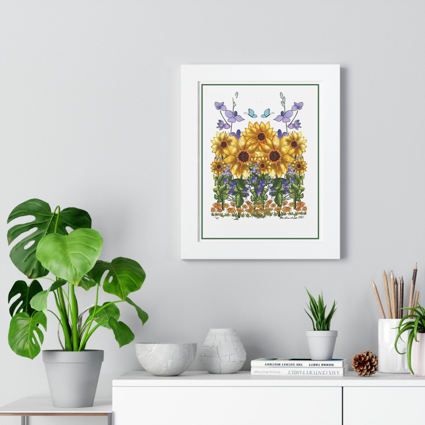Bright Floral Framed Vertical Poster, Sunflower Art Print, Garden Decor, Nature Wall Art, Spring Home Decor, Gift for Garden Lovers