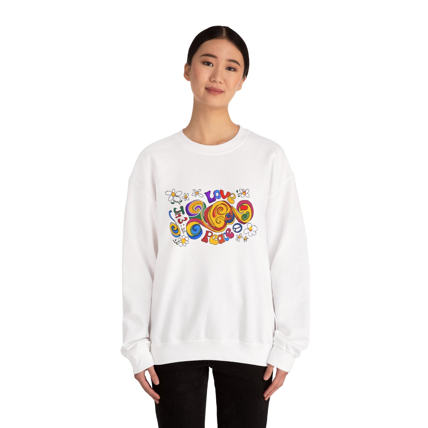 Colorful Peace & Love Sweatshirt, Retro Crewneck for Cozy Days, Ideal Gift for Friends, Festival Wear, Hippie Style Clothing
