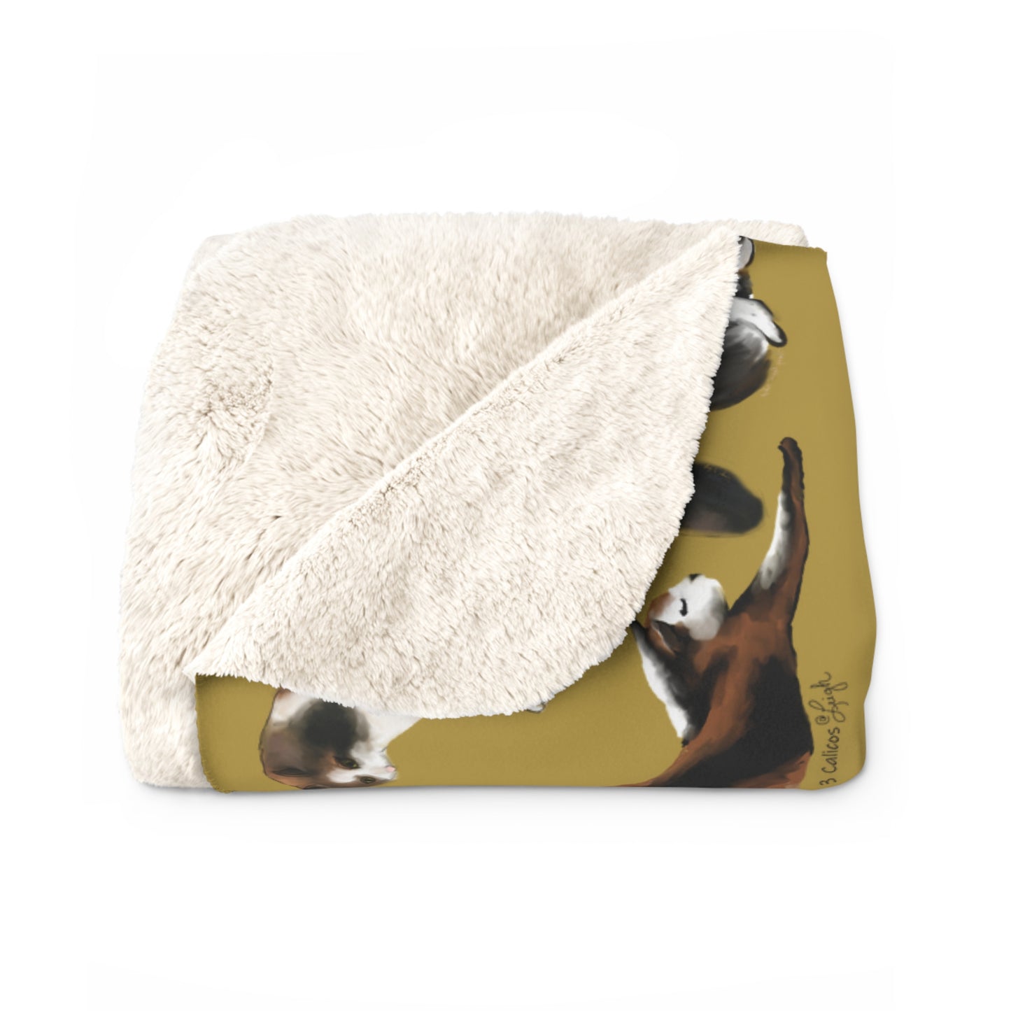 Scribbles Cats 3 Calicos - gold - Sherpa Fleece Blanket