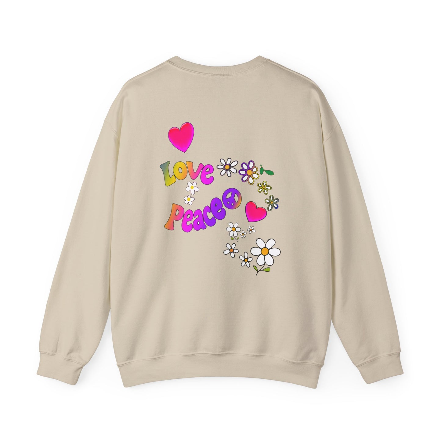 Colorful Peace & Love Sweatshirt, Retro Crewneck for Cozy Days, Ideal Gift for Friends, Festival Wear, Hippie Style Clothing