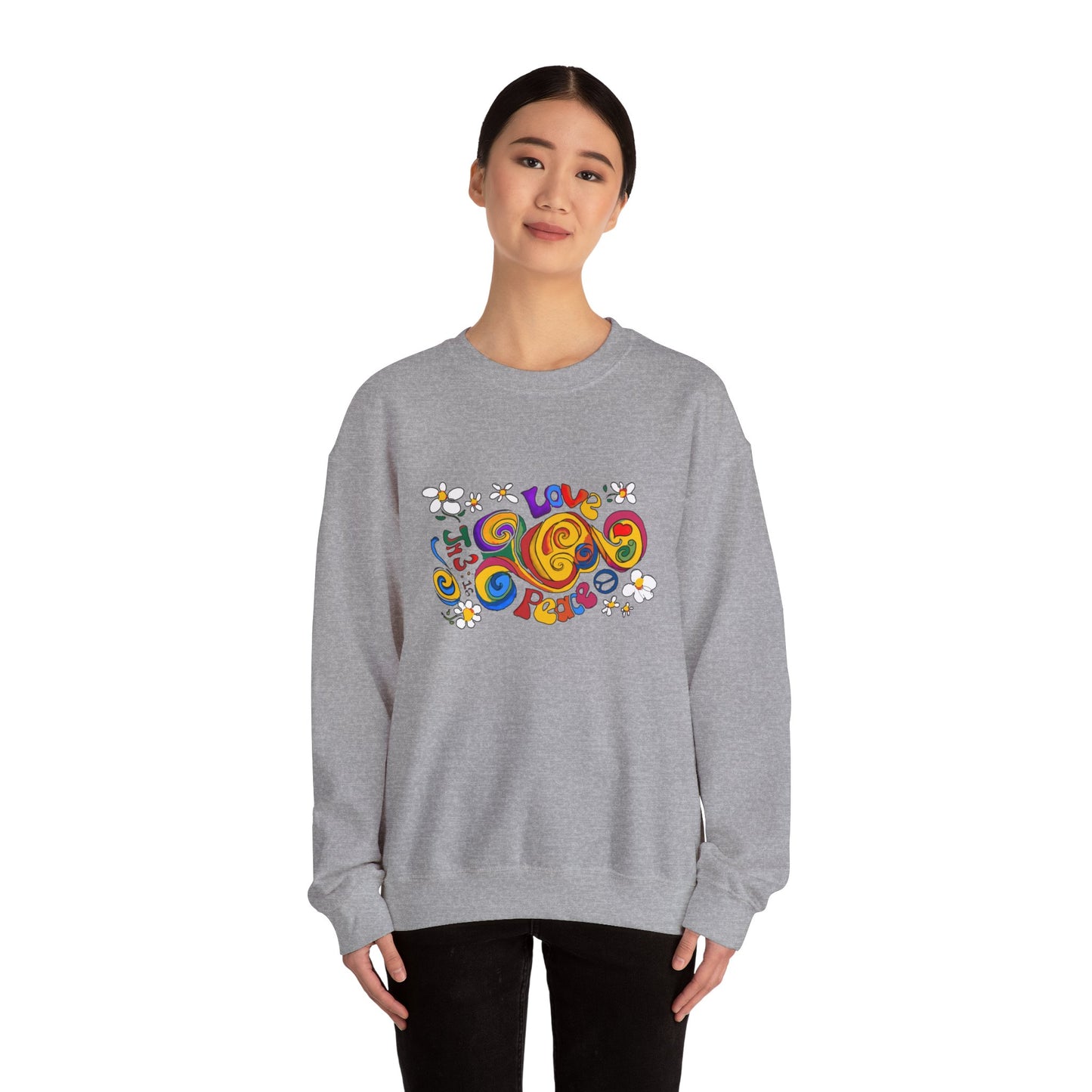 Colorful Peace & Love Sweatshirt, Retro Crewneck for Cozy Days, Ideal Gift for Friends, Festival Wear, Hippie Style Clothing
