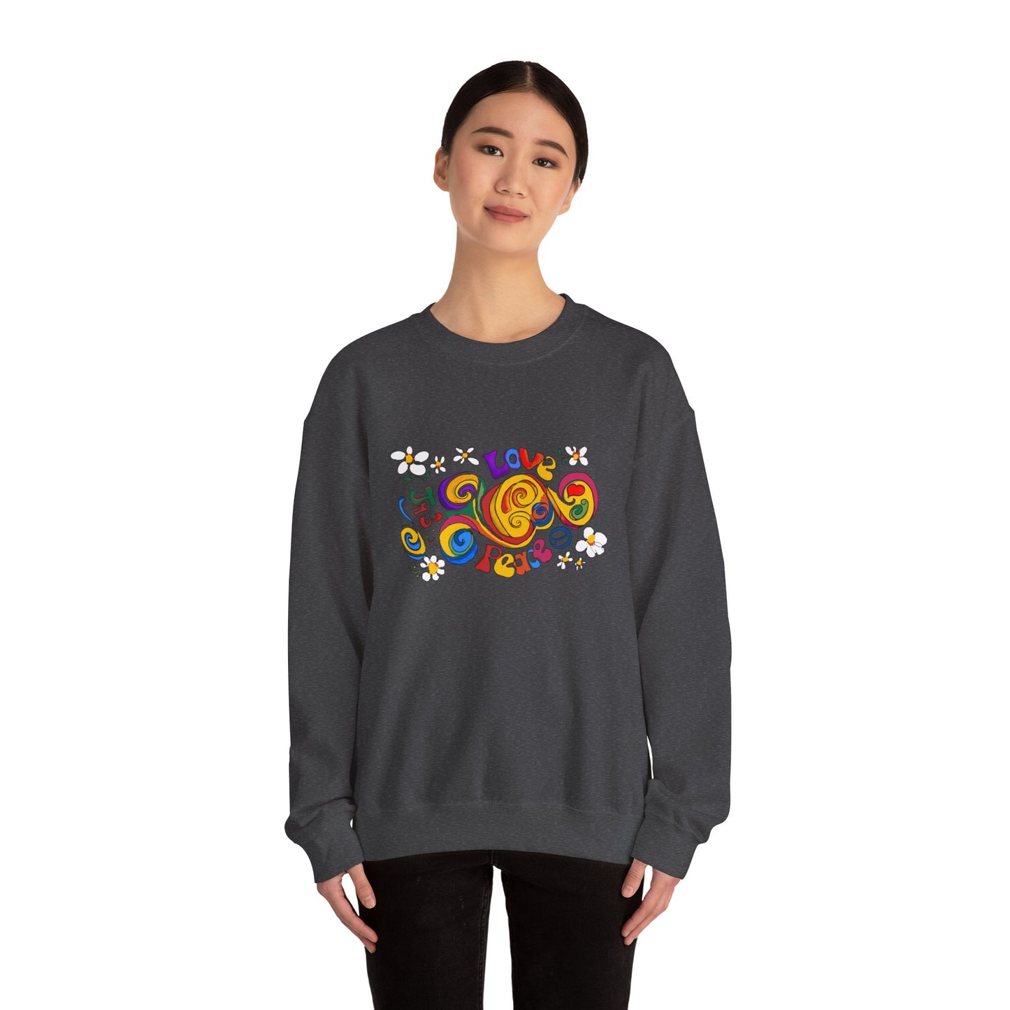 Colorful Peace & Love Sweatshirt, Retro Crewneck for Cozy Days, Ideal Gift for Friends, Festival Wear, Hippie Style Clothing