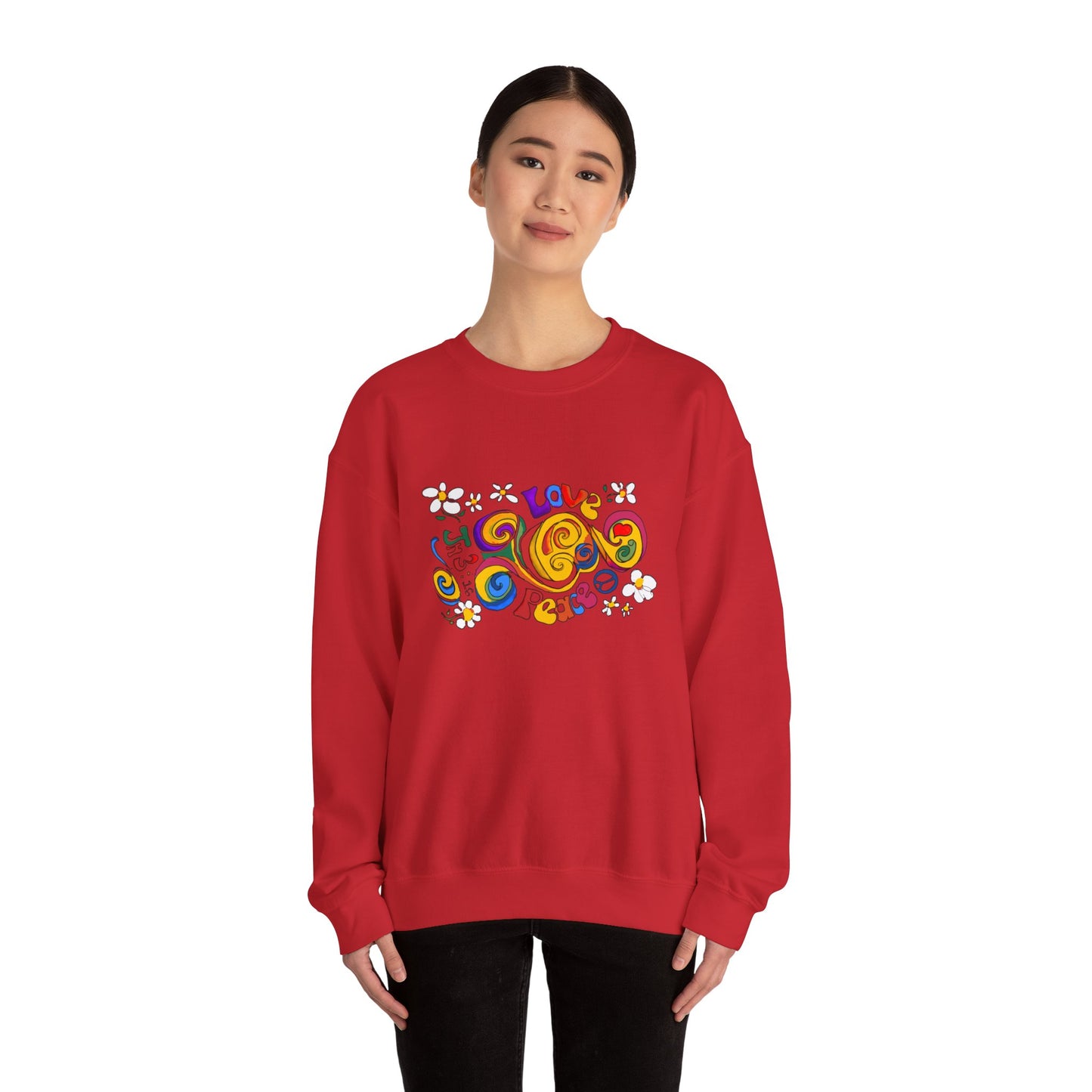 Colorful Peace & Love Sweatshirt, Retro Crewneck for Cozy Days, Ideal Gift for Friends, Festival Wear, Hippie Style Clothing