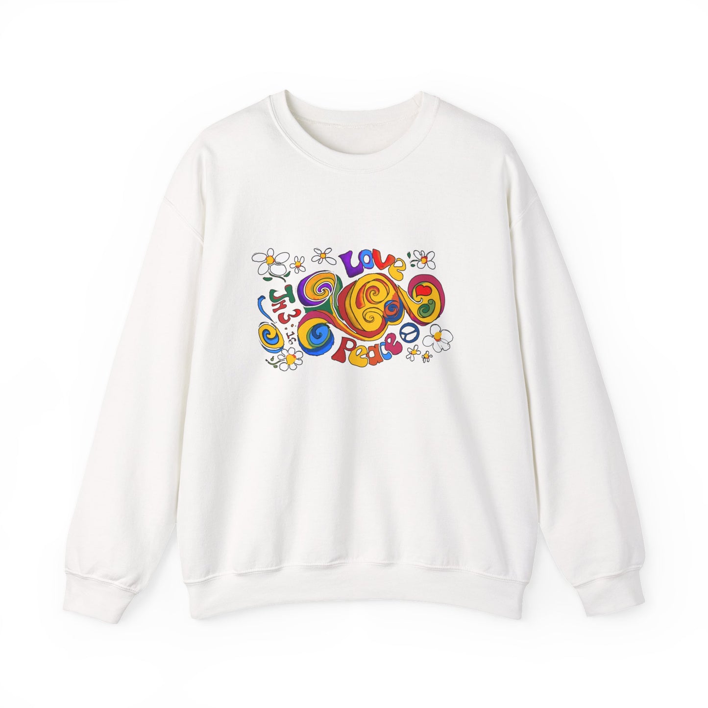 Colorful Peace & Love Sweatshirt, Retro Crewneck for Cozy Days, Ideal Gift for Friends, Festival Wear, Hippie Style Clothing