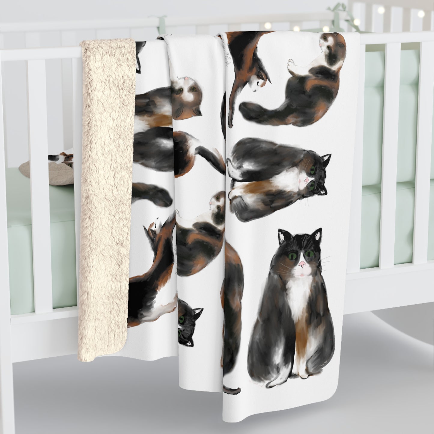 Scribbles Cats 3 Calicos - white - Sherpa Fleece Blanket