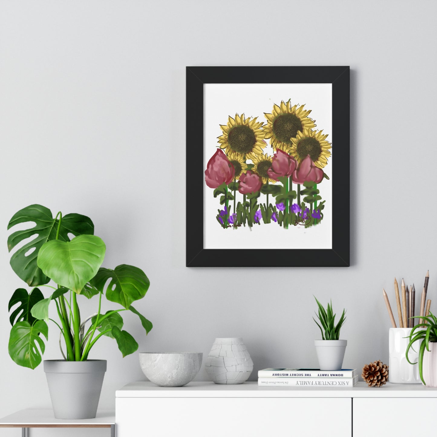 Suns and Roses - Vertical Poster - Sunflower & Rose Decor, Wall Art for Home, Botanical Print, Gift for Nature Lovers, Spring Decor