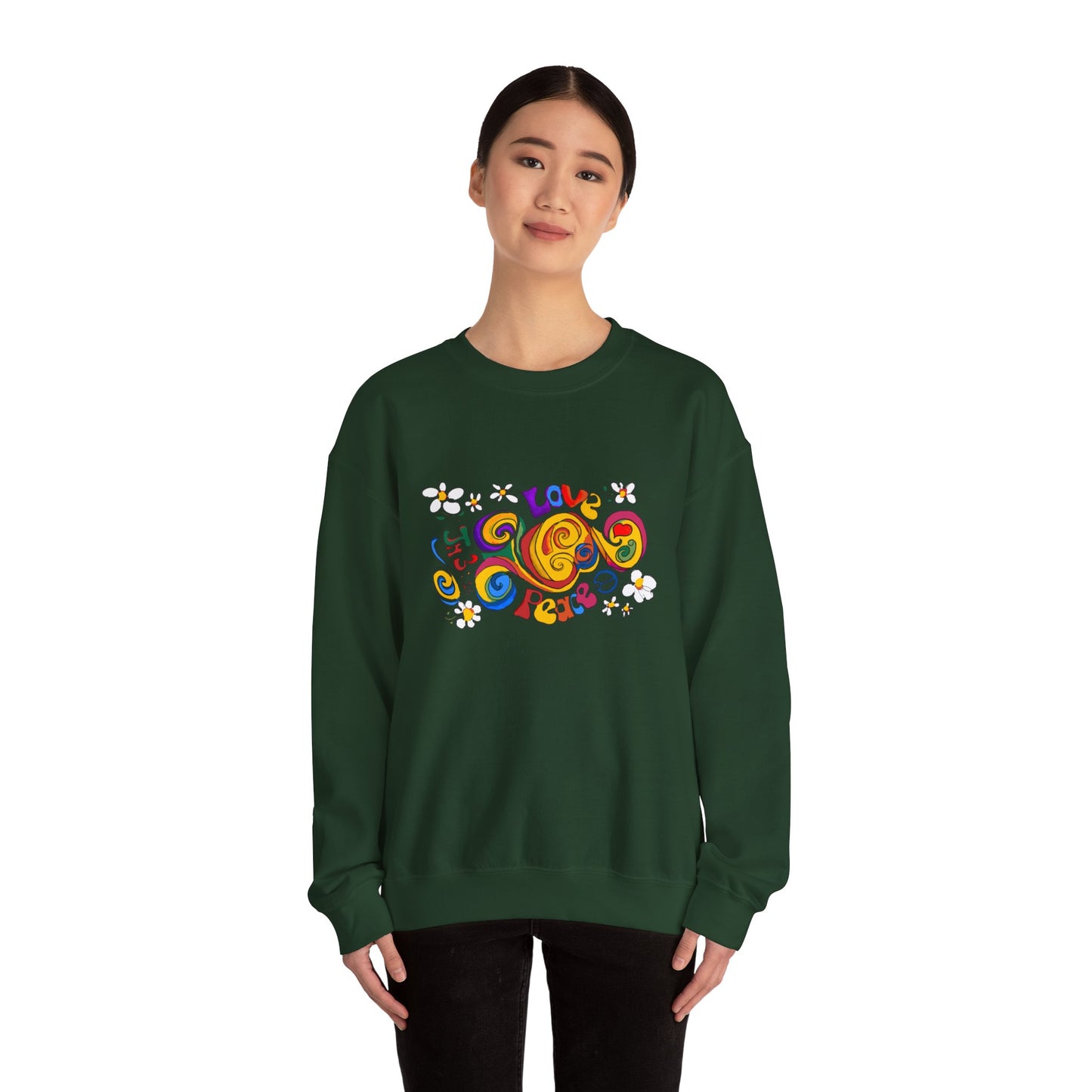 Colorful Peace & Love Sweatshirt, Retro Crewneck for Cozy Days, Ideal Gift for Friends, Festival Wear, Hippie Style Clothing
