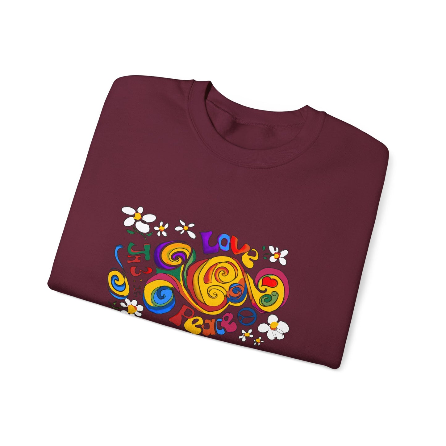 Colorful Peace & Love Sweatshirt, Retro Crewneck for Cozy Days, Ideal Gift for Friends, Festival Wear, Hippie Style Clothing
