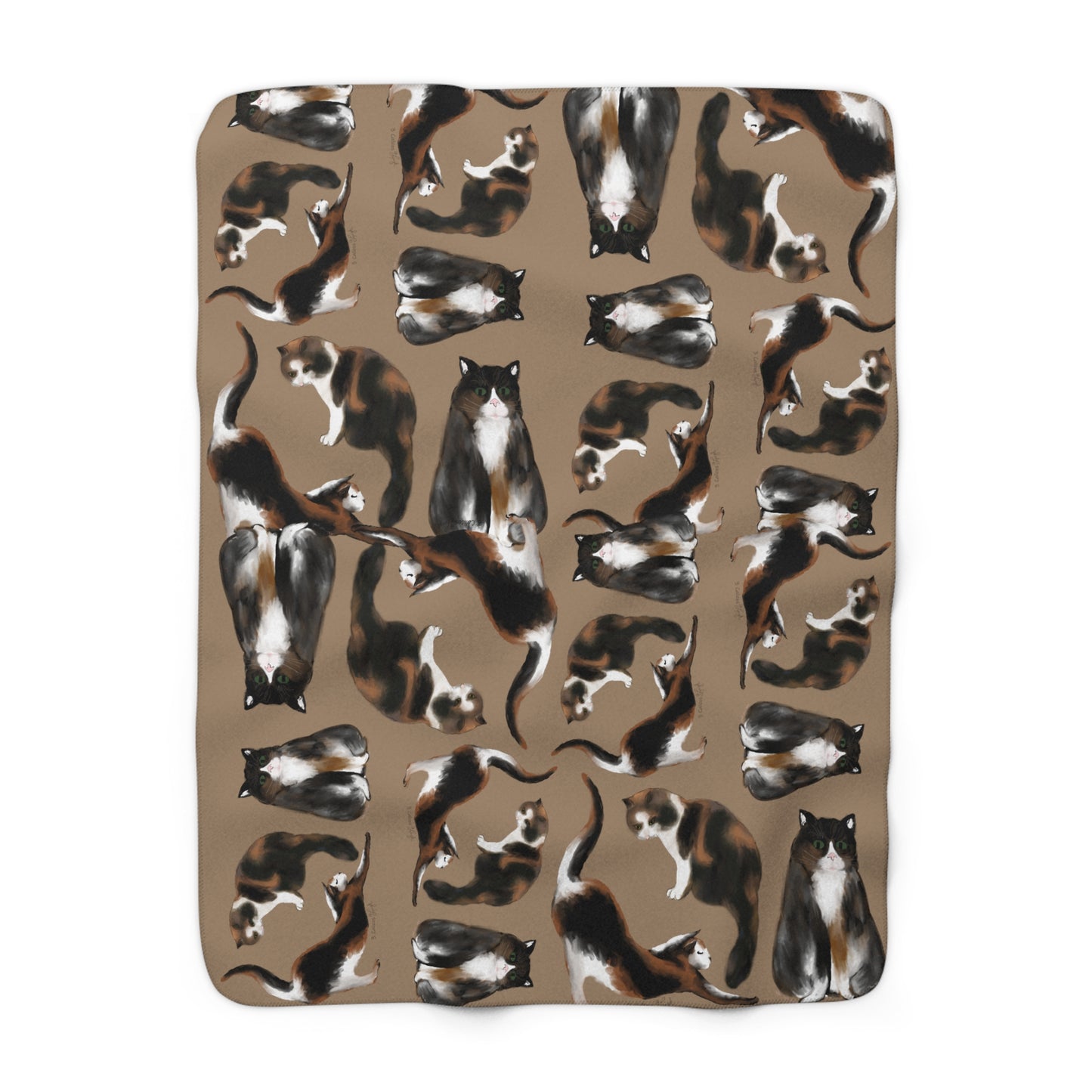 Scribbles Cats 3 Calicos - Tan - Sherpa Fleece Blanket