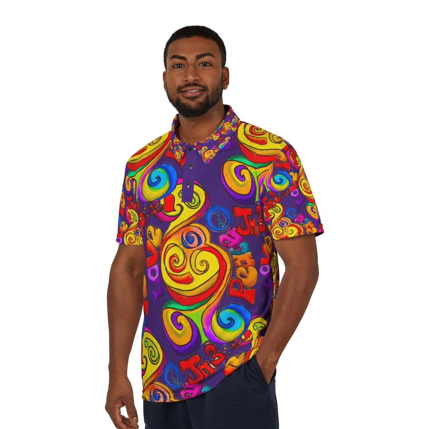Peace and Love Purple Unisex Polo Shirt (AOP)