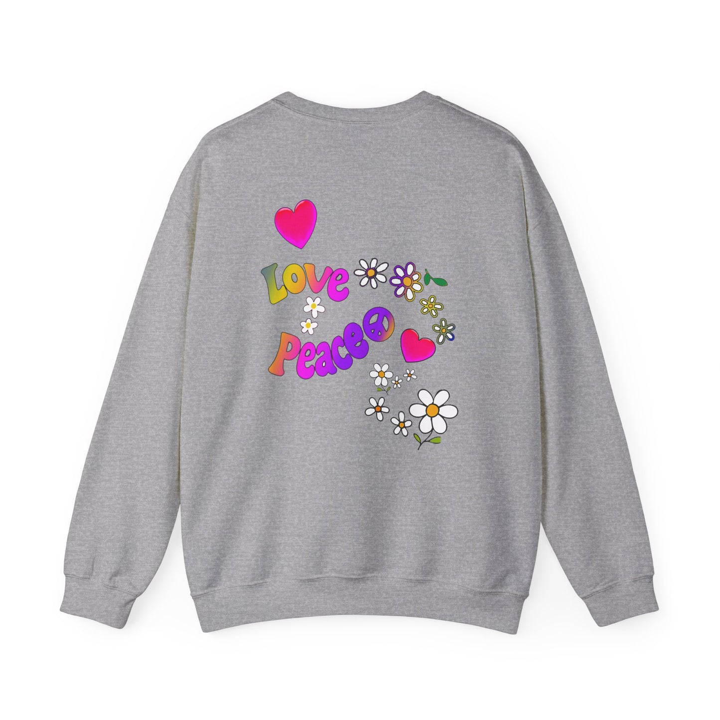 Colorful Peace & Love Sweatshirt, Retro Crewneck for Cozy Days, Ideal Gift for Friends, Festival Wear, Hippie Style Clothing