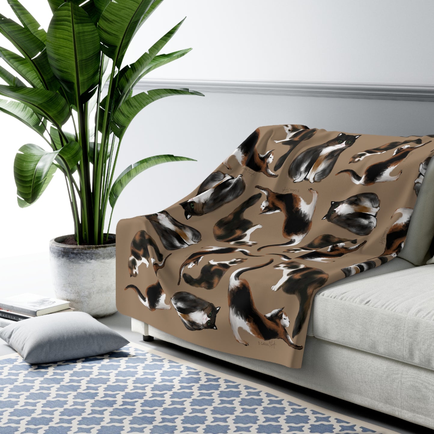 Scribbles Cats 3 Calicos - Tan - Sherpa Fleece Blanket