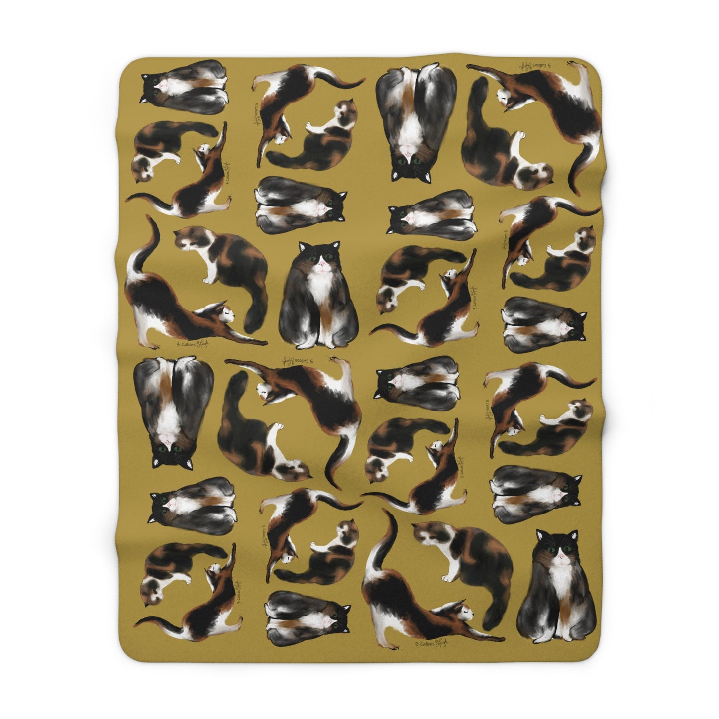 Scribbles Cats 3 Calicos - gold - Sherpa Fleece Blanket