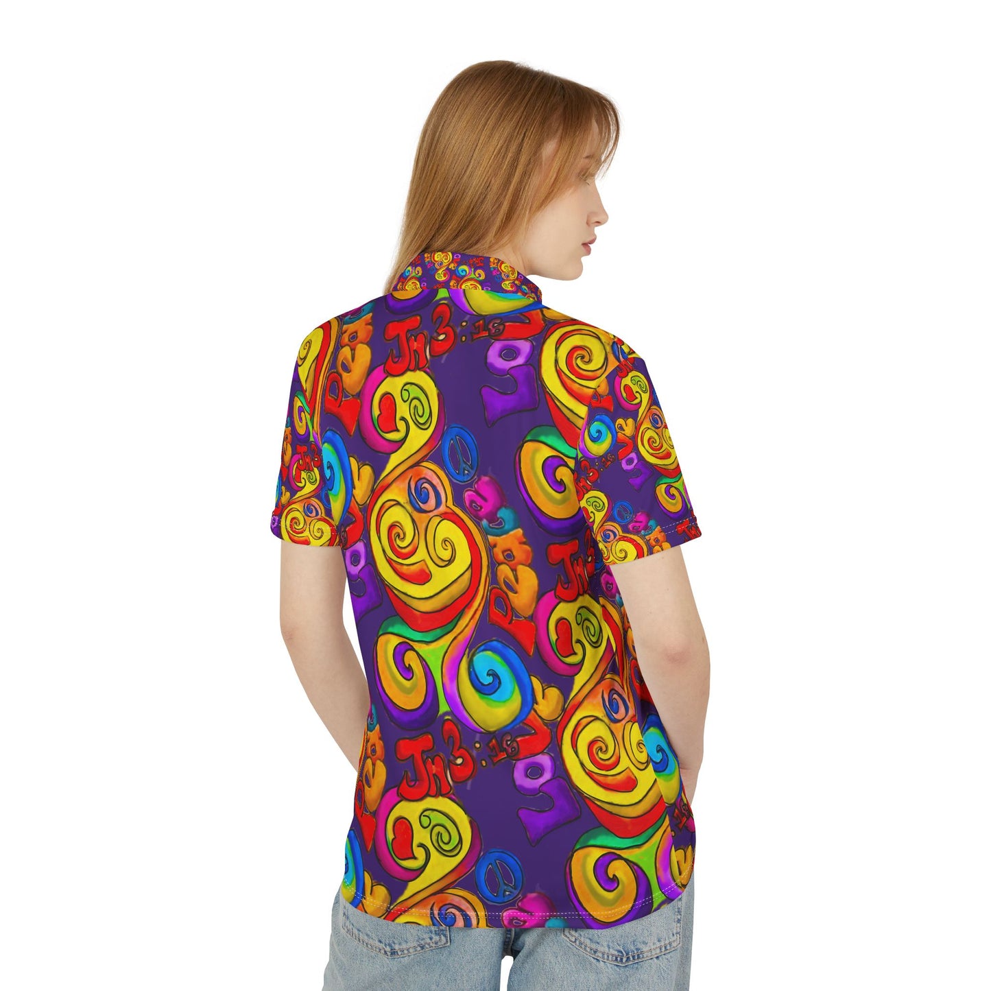 Peace and Love Purple Unisex Polo Shirt (AOP)