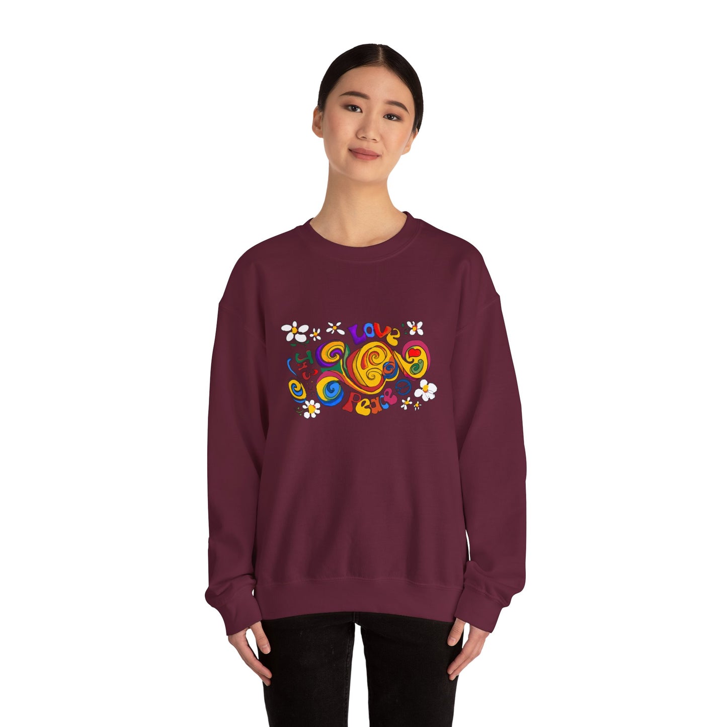 Colorful Peace & Love Sweatshirt, Retro Crewneck for Cozy Days, Ideal Gift for Friends, Festival Wear, Hippie Style Clothing