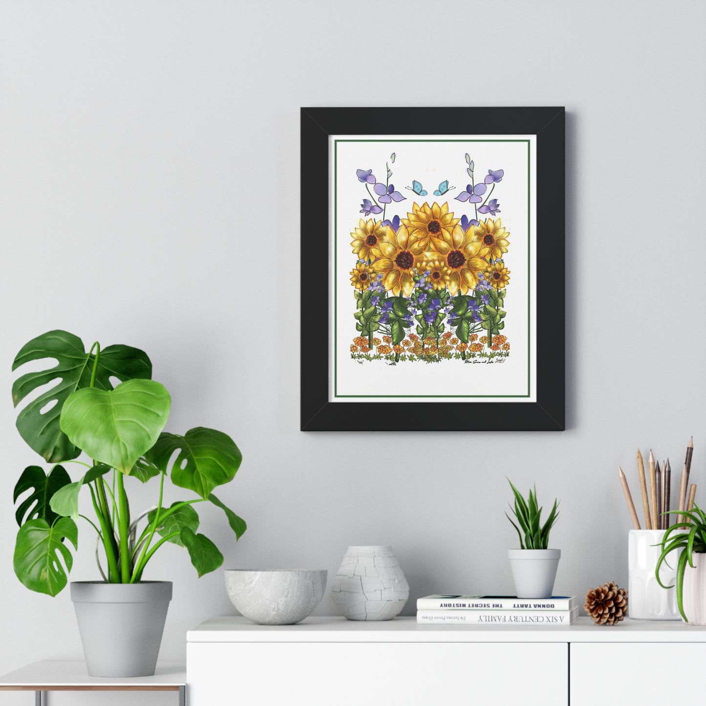Bright Floral Framed Vertical Poster, Sunflower Art Print, Garden Decor, Nature Wall Art, Spring Home Decor, Gift for Garden Lovers