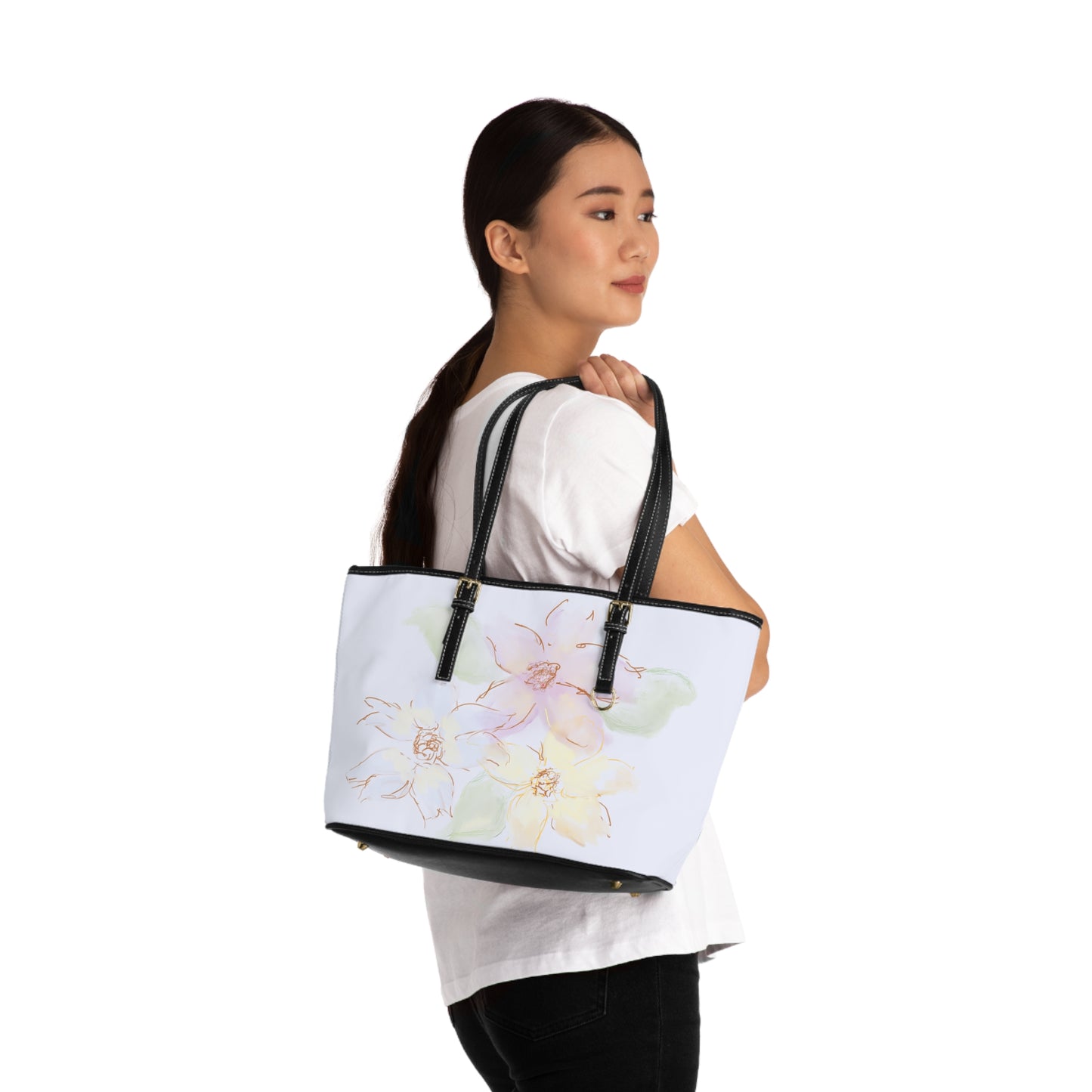 Dainty Floral PU Leather Shoulder Bag - Elegant Spring Fashion Tote