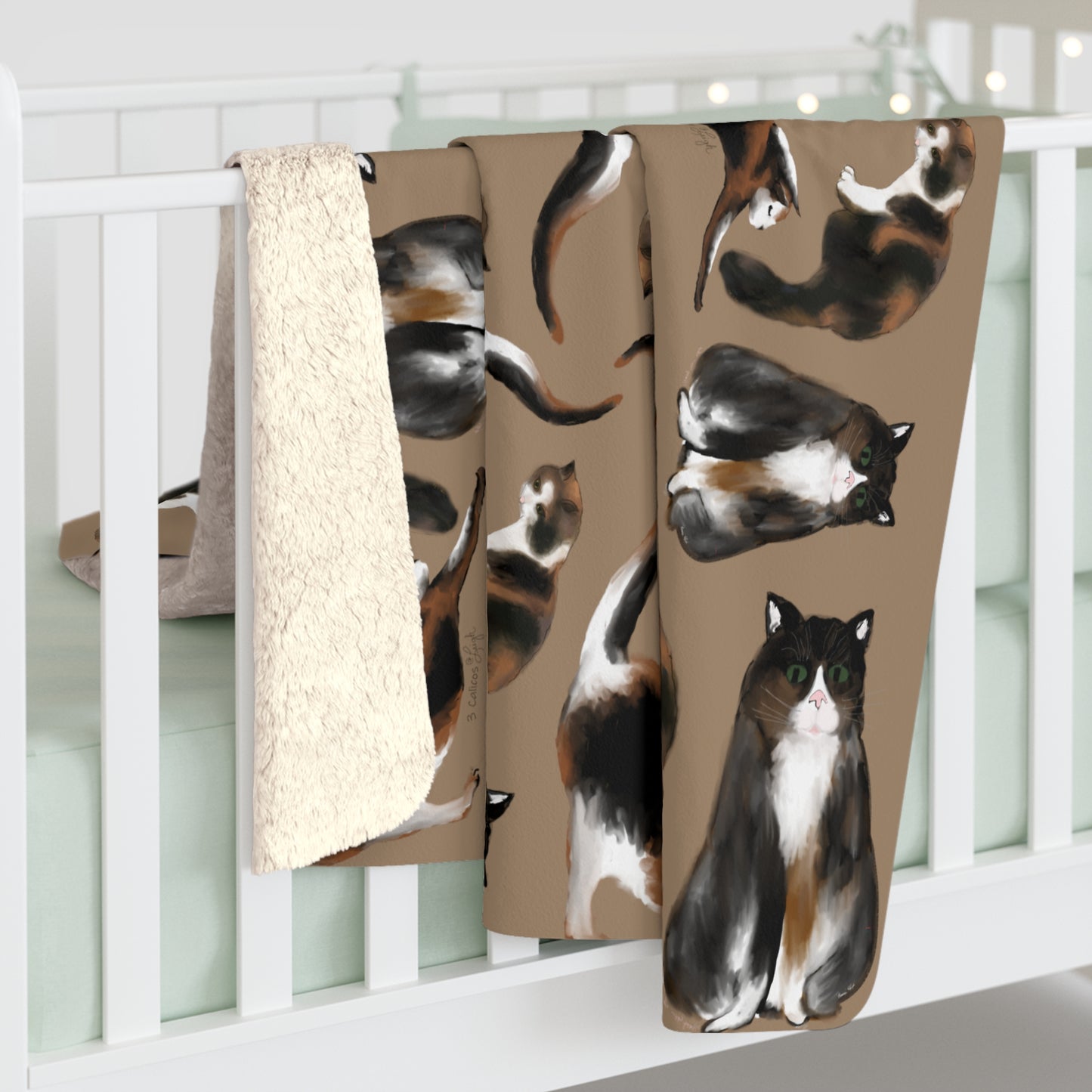 Scribbles Cats 3 Calicos - Tan - Sherpa Fleece Blanket