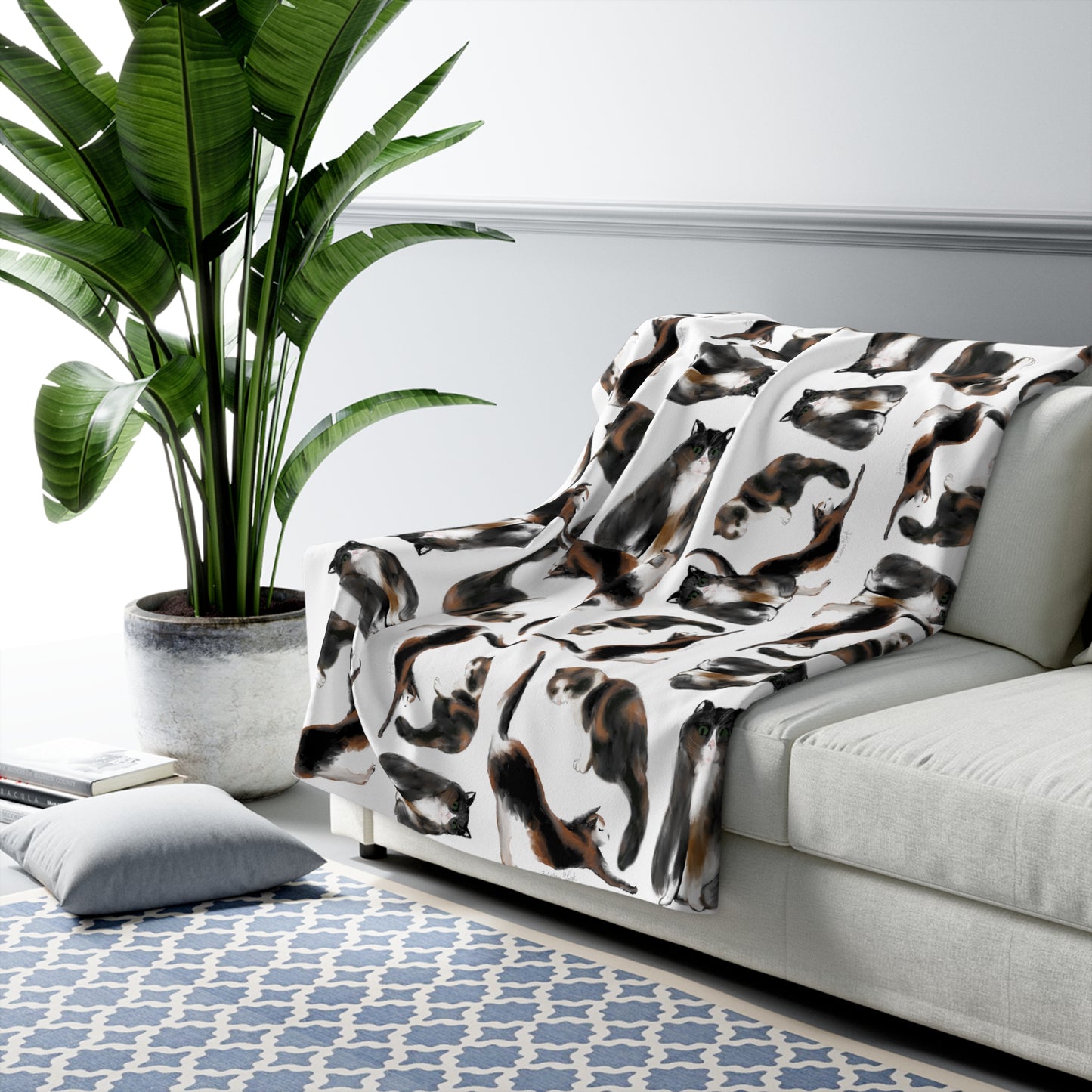 Scribbles Cats 3 Calicos - white - Sherpa Fleece Blanket