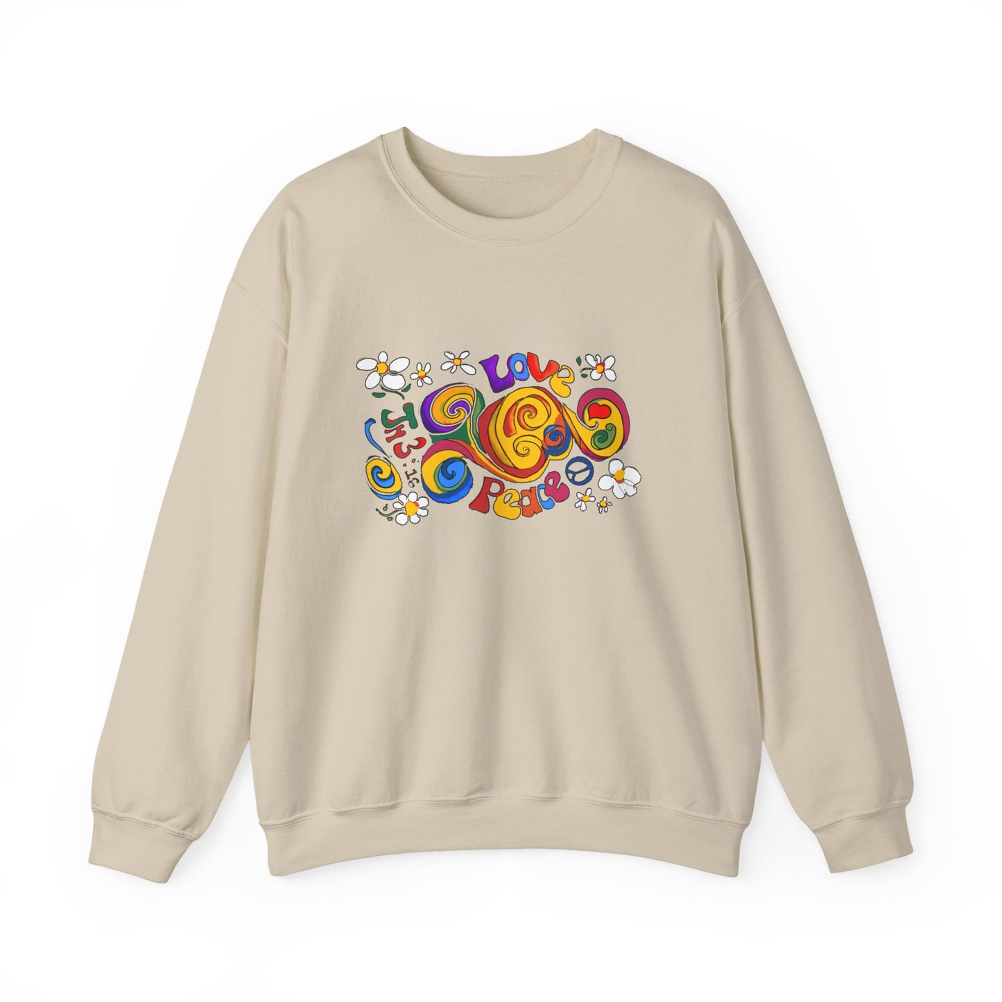 Colorful Peace & Love Sweatshirt, Retro Crewneck for Cozy Days, Ideal Gift for Friends, Festival Wear, Hippie Style Clothing