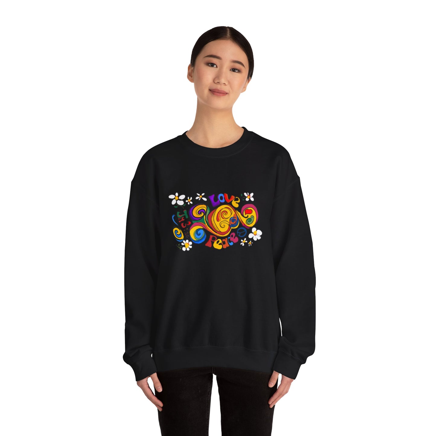 Colorful Peace & Love Sweatshirt, Retro Crewneck for Cozy Days, Ideal Gift for Friends, Festival Wear, Hippie Style Clothing