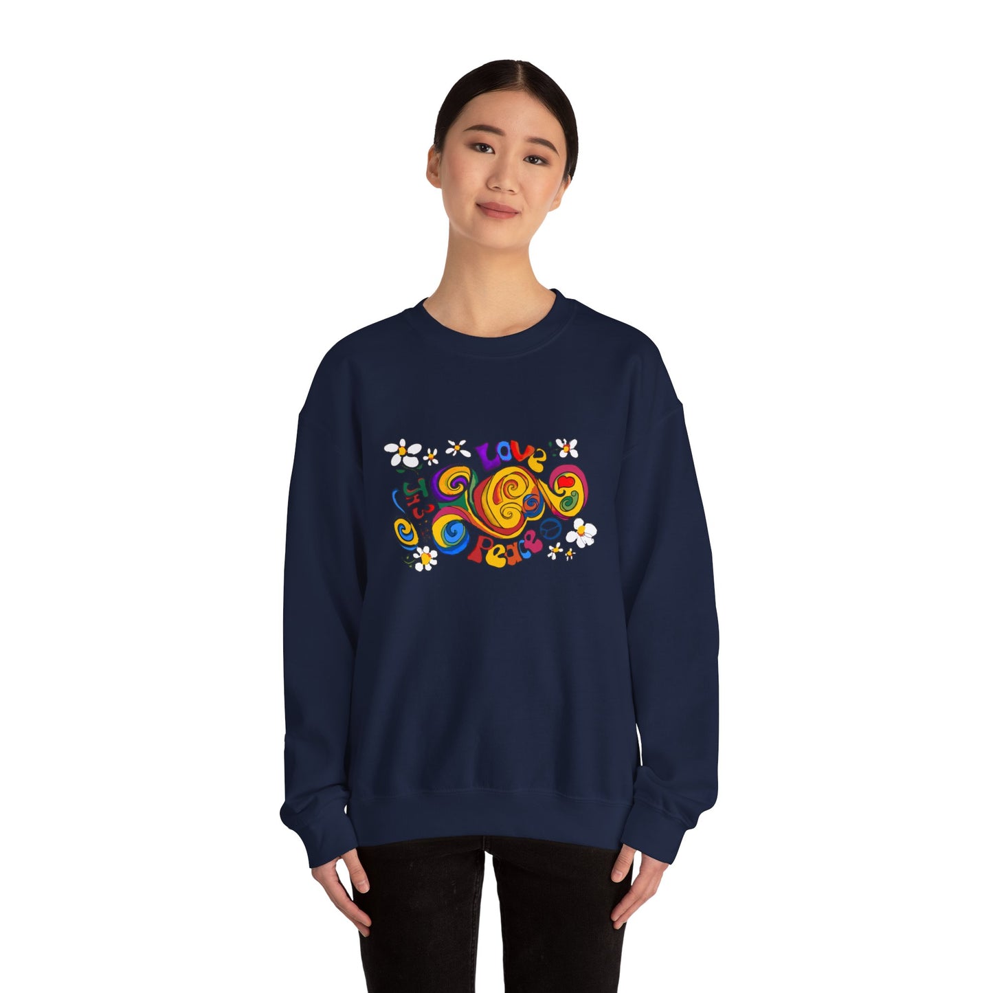 Colorful Peace & Love Sweatshirt, Retro Crewneck for Cozy Days, Ideal Gift for Friends, Festival Wear, Hippie Style Clothing