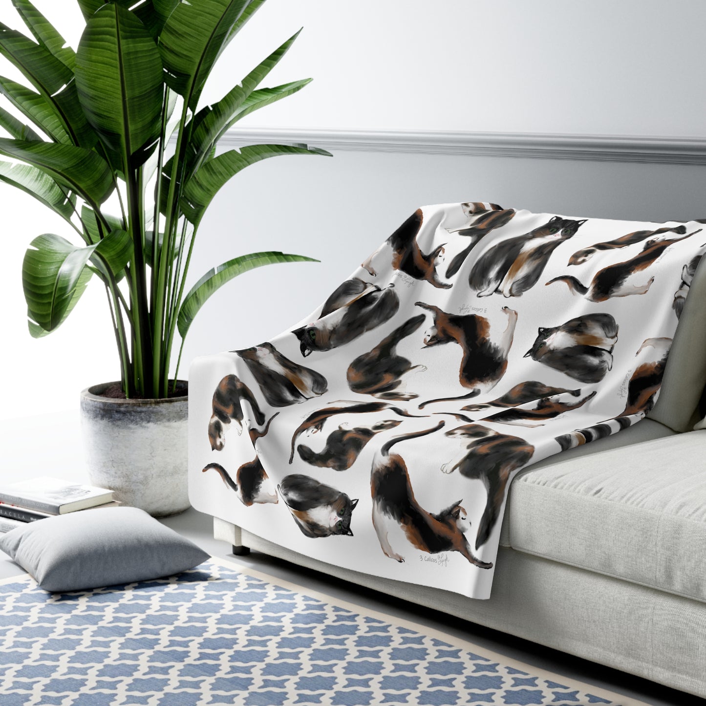 Scribbles Cats 3 Calicos - white - Sherpa Fleece Blanket