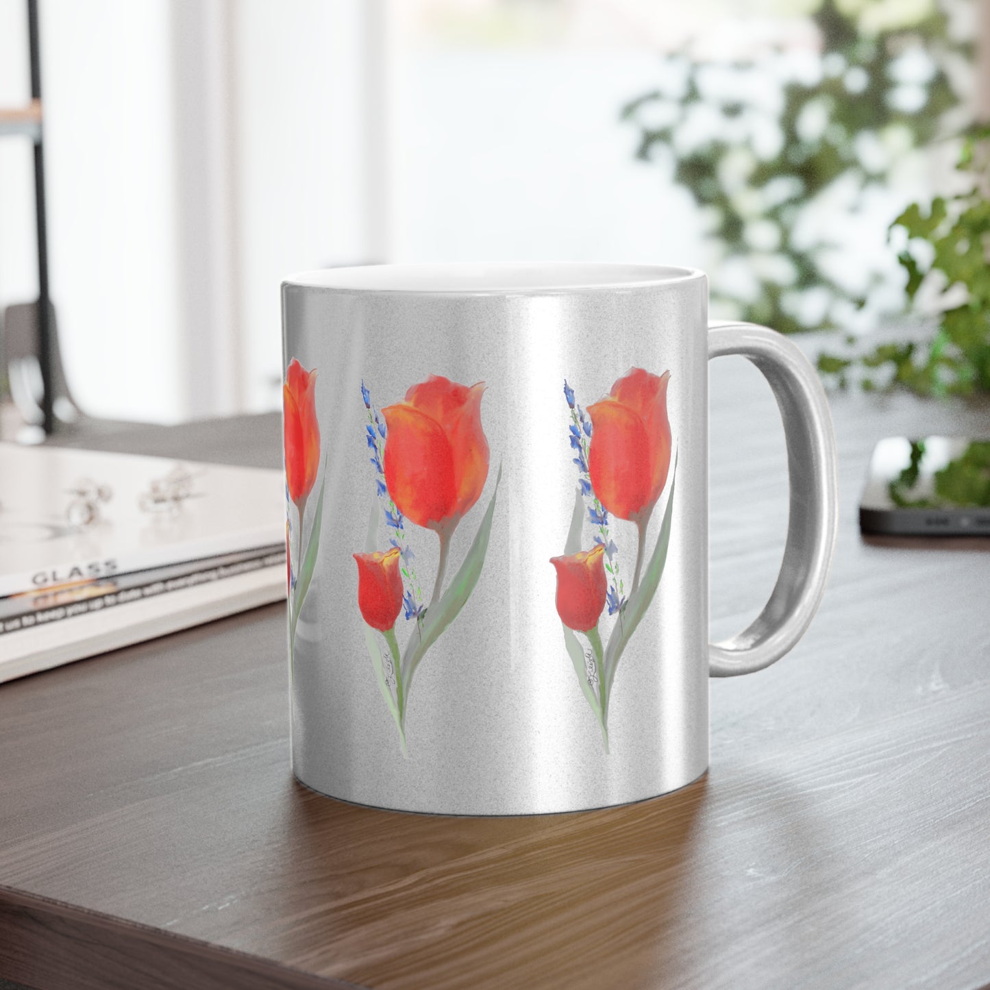 Tulips and Dragons Metallic Mug - Perfect for Coffee Lovers, Gift for Her, Mother's Day, Housewarming, Office Decor