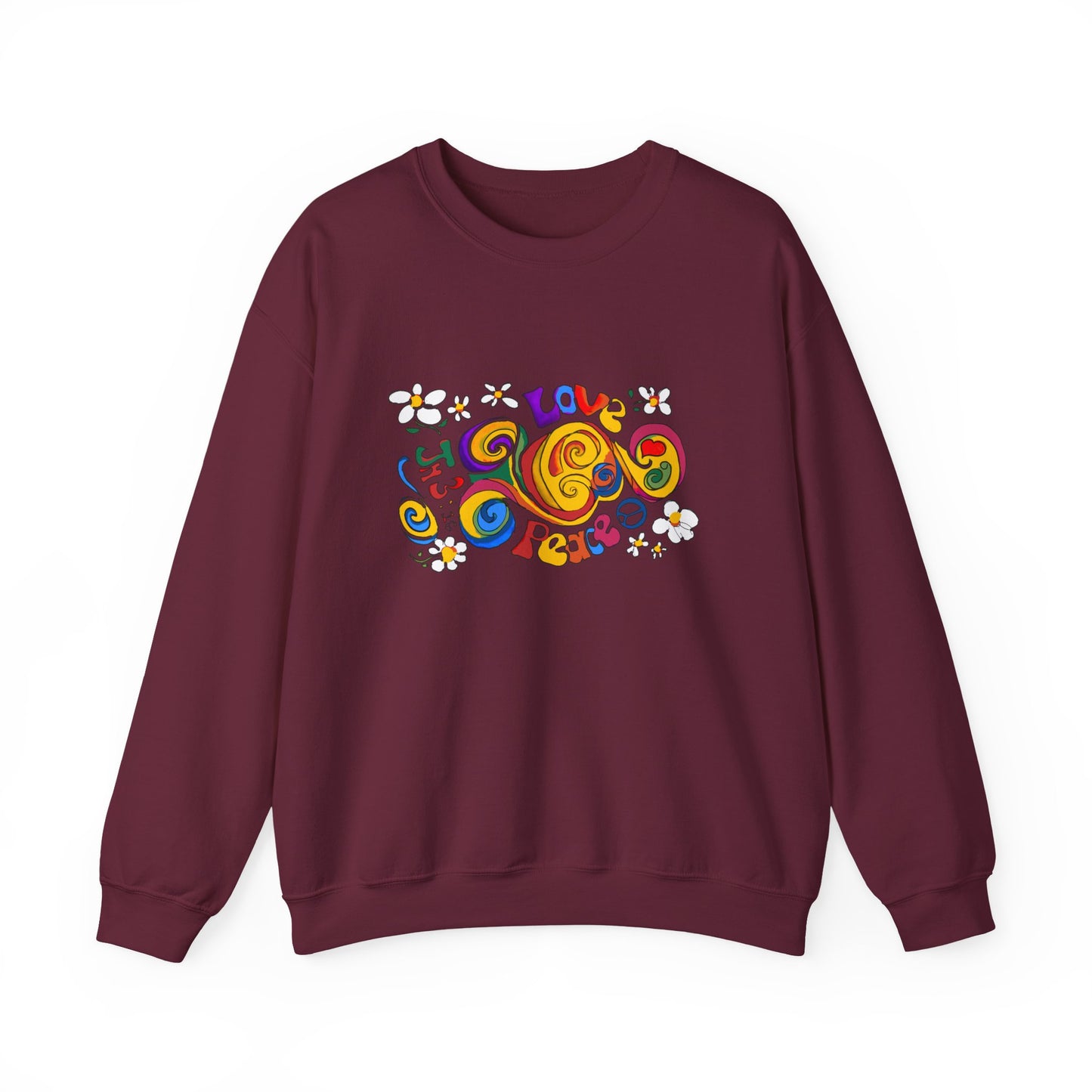 Colorful Peace & Love Sweatshirt, Retro Crewneck for Cozy Days, Ideal Gift for Friends, Festival Wear, Hippie Style Clothing