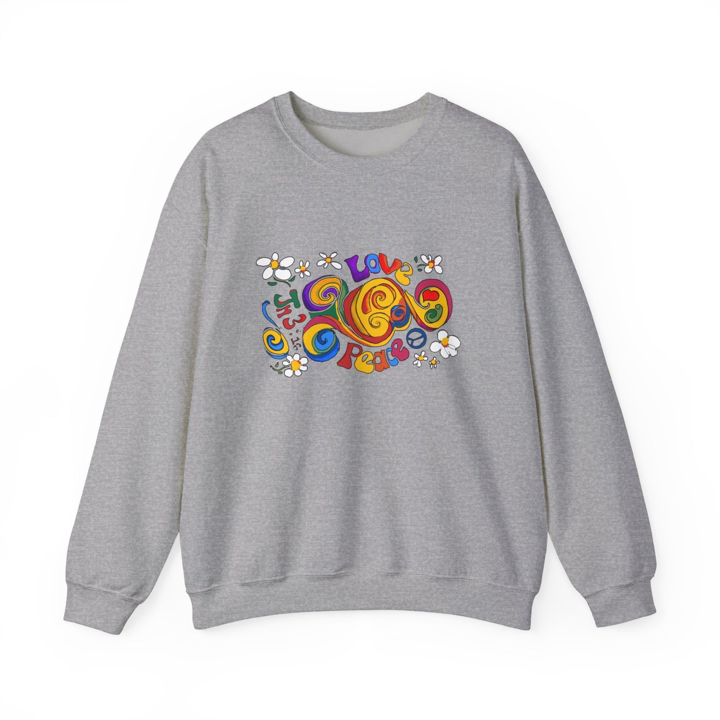 Colorful Peace & Love Sweatshirt, Retro Crewneck for Cozy Days, Ideal Gift for Friends, Festival Wear, Hippie Style Clothing