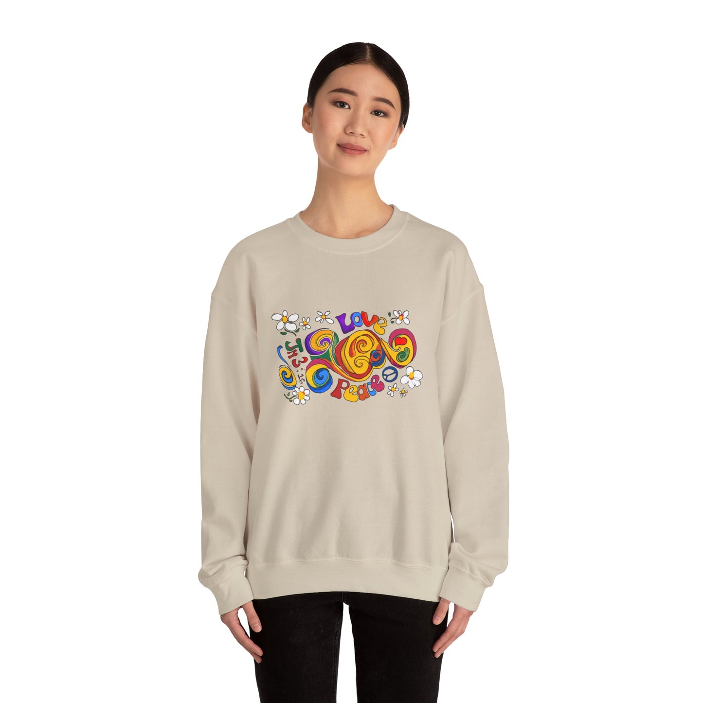 Colorful Peace & Love Sweatshirt, Retro Crewneck for Cozy Days, Ideal Gift for Friends, Festival Wear, Hippie Style Clothing