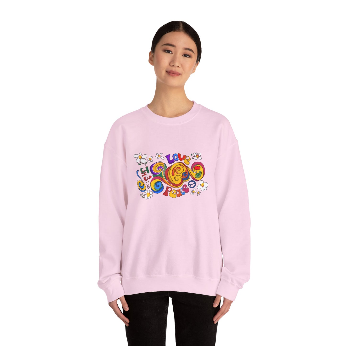 Colorful Peace & Love Sweatshirt, Retro Crewneck for Cozy Days, Ideal Gift for Friends, Festival Wear, Hippie Style Clothing