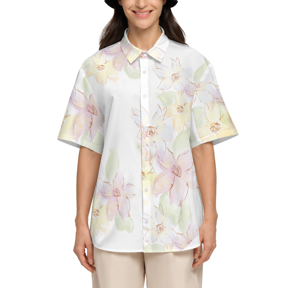 Dainty Flowers Women's Short-Sleeve Button-Up Shirt-Cotton Feel