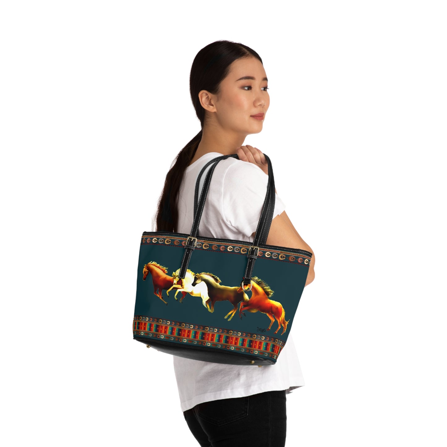 Dawn Treaders Teal/Green PU Leather Shoulder Bag - Stylish Tote for Horse Lovers