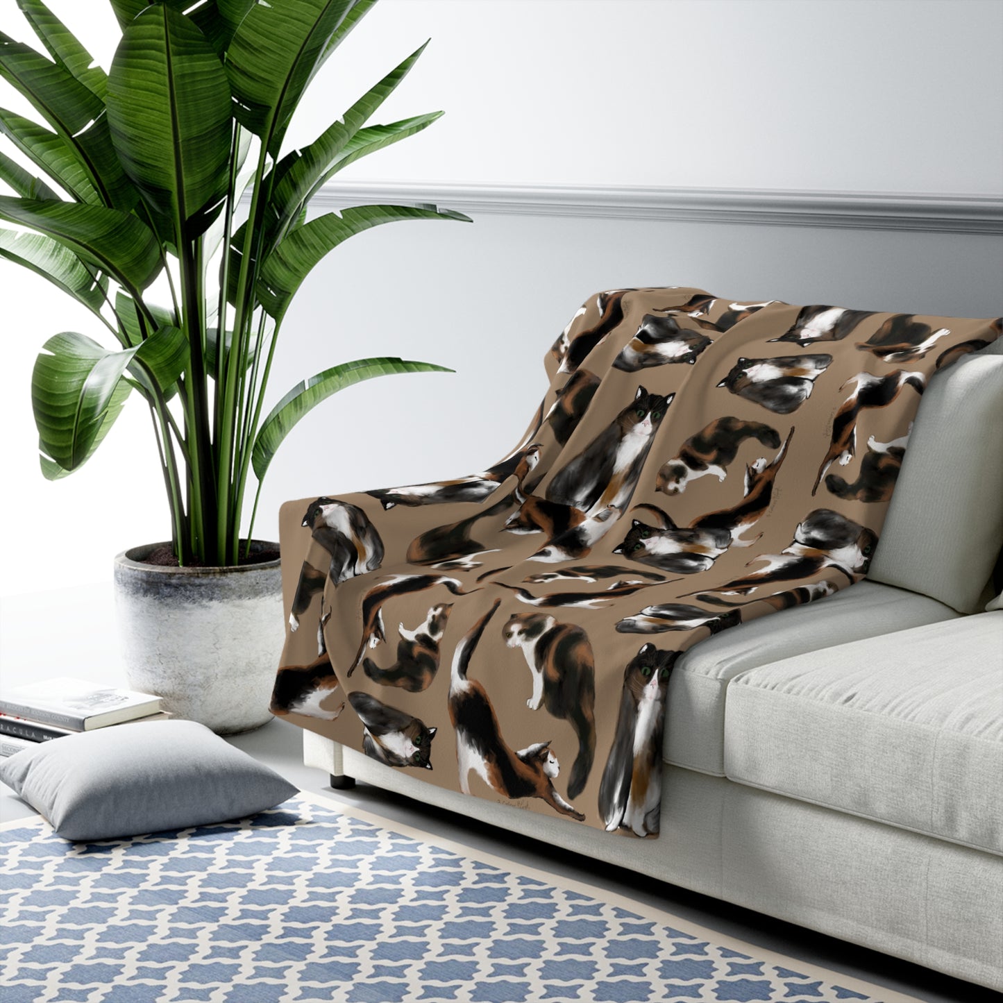 Scribbles Cats 3 Calicos - Tan - Sherpa Fleece Blanket