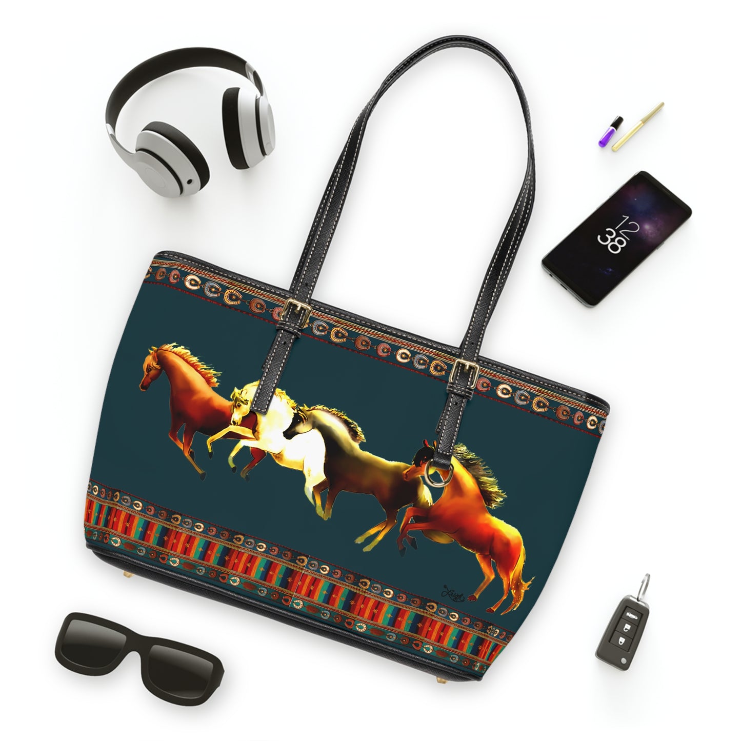 Dawn Treaders Teal/Green PU Leather Shoulder Bag - Stylish Tote for Horse Lovers
