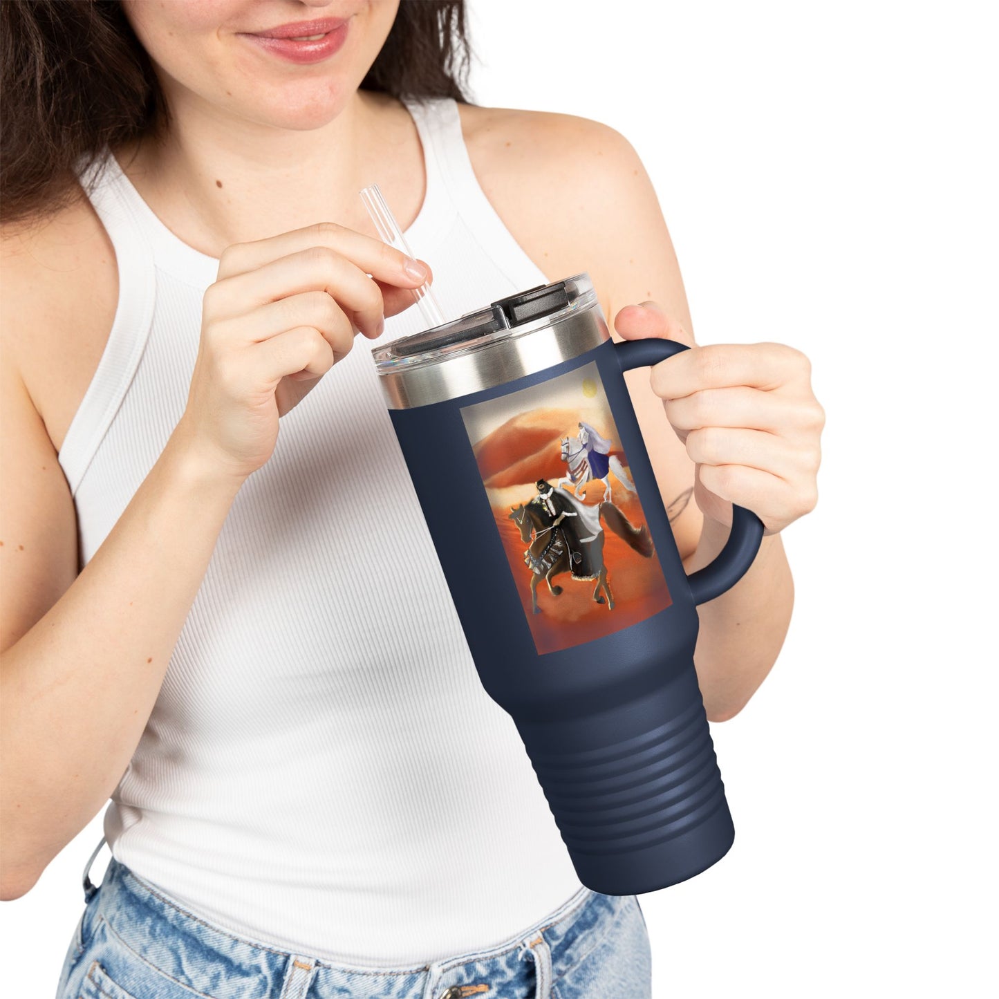Across the Sands Insulated Travel Mug with Unique Artwork, 40oz, Coffee Lovers, Horse Lovers, Travel Gift, Eco-Friendly Mugs, Adventure