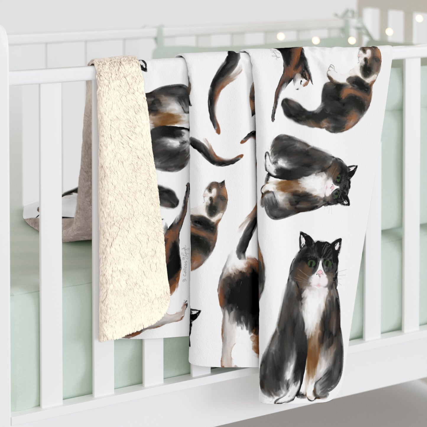 Scribbles Cats 3 Calicos - white - Sherpa Fleece Blanket