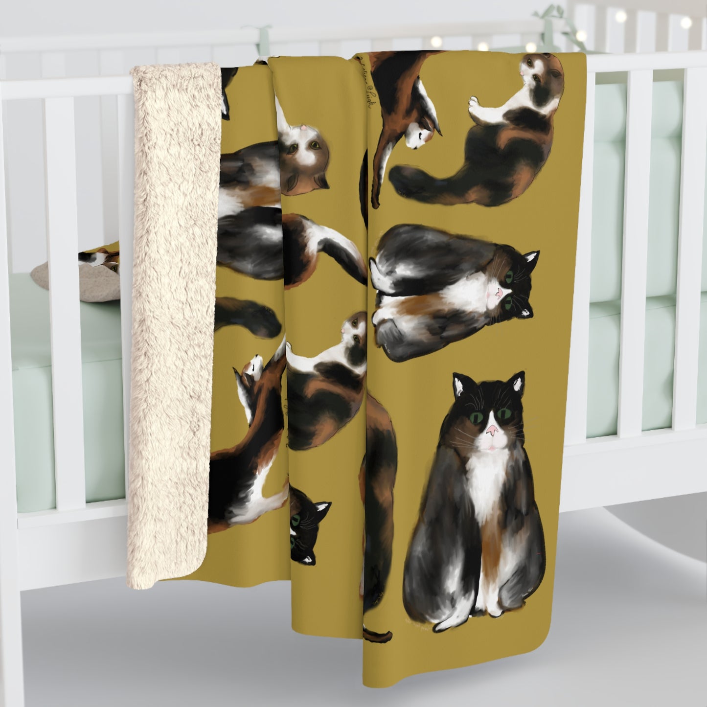 Scribbles Cats 3 Calicos - gold - Sherpa Fleece Blanket