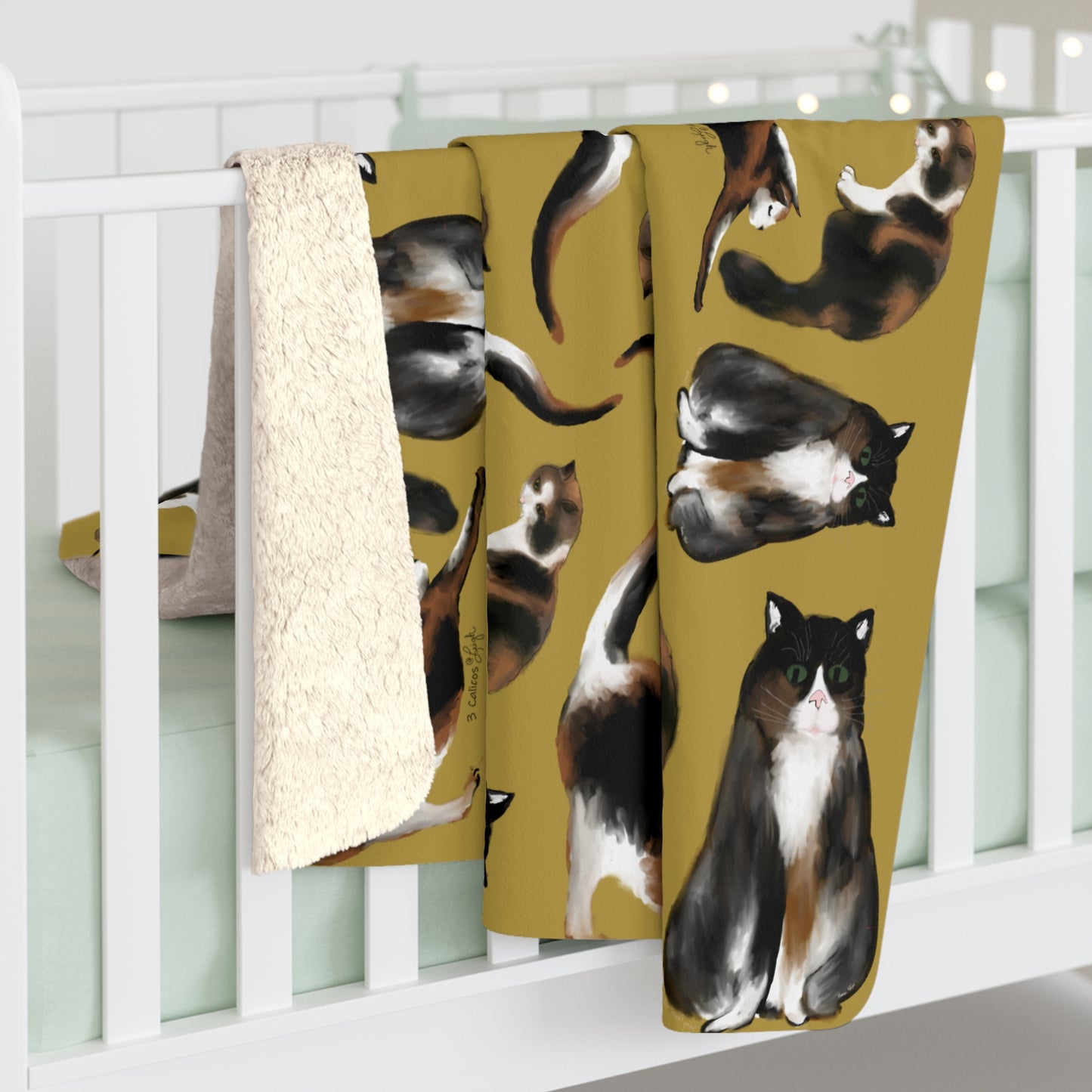 Scribbles Cats 3 Calicos - gold - Sherpa Fleece Blanket