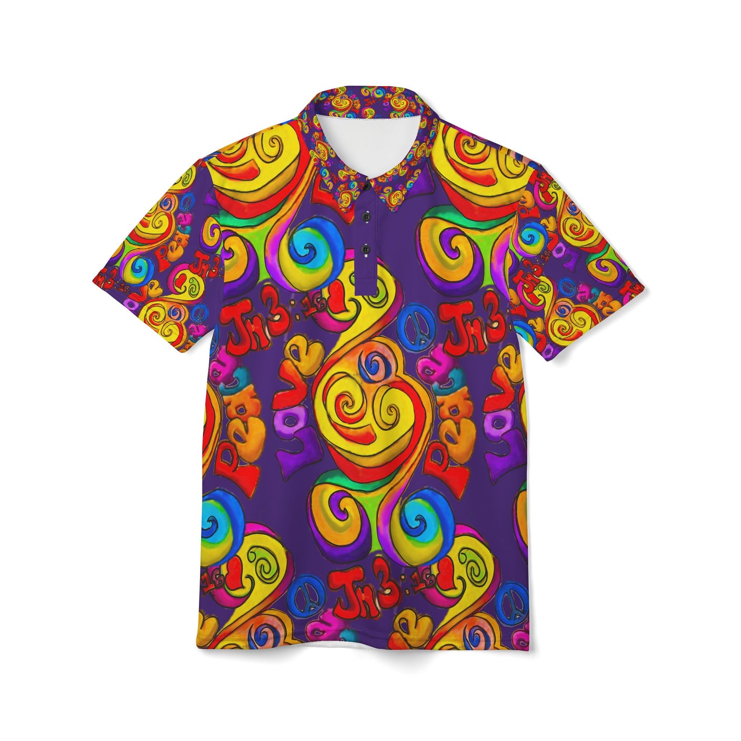 Peace and Love Purple Unisex Polo Shirt (AOP)