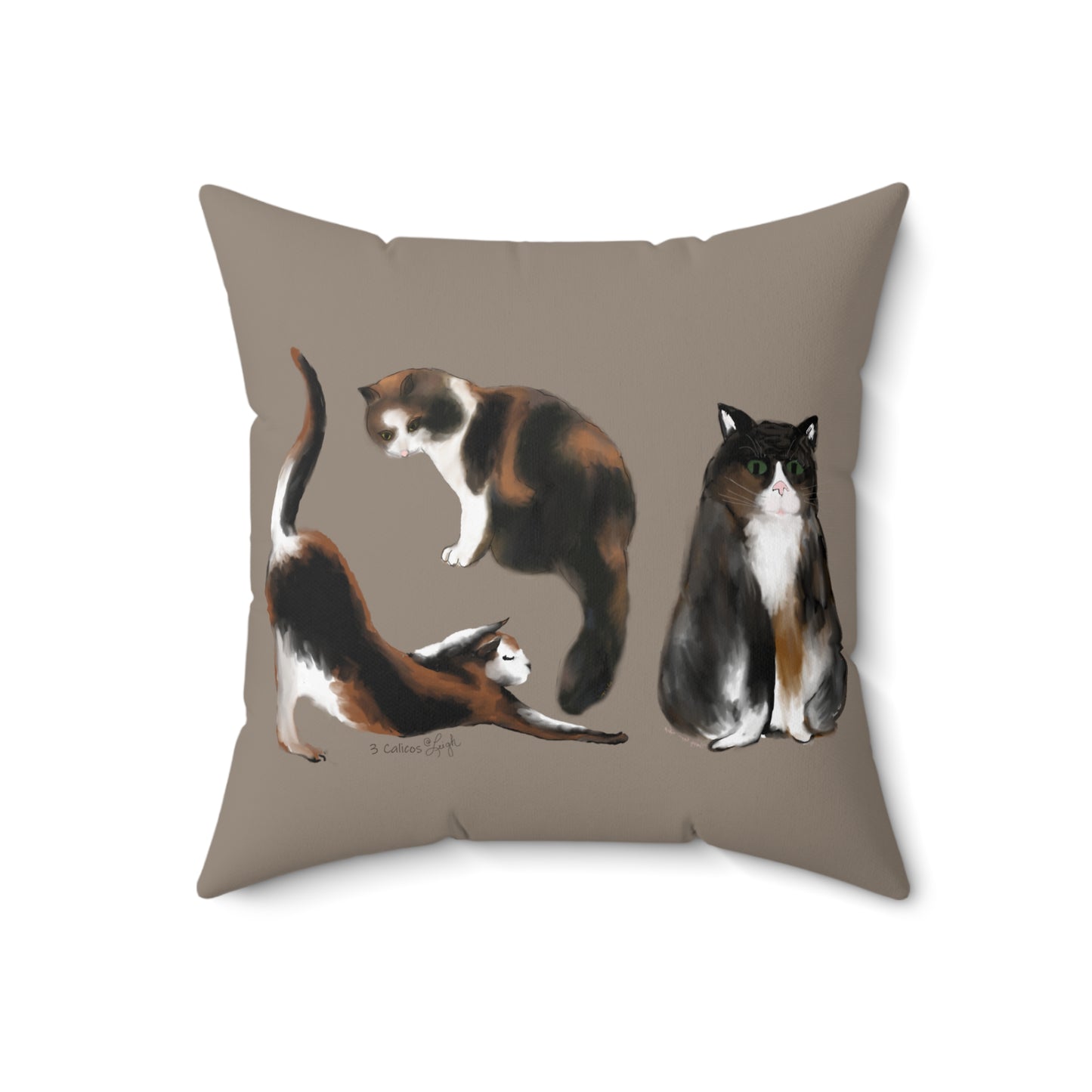 Scribble Cats 3 Calicos - Taupe - Spun Polyester Square Pillow