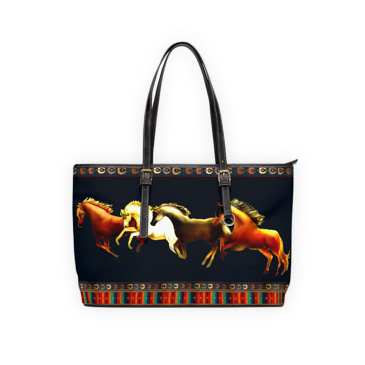 Dawn Treaders Blue PU Leather Shoulder Bag with Running Horses Design