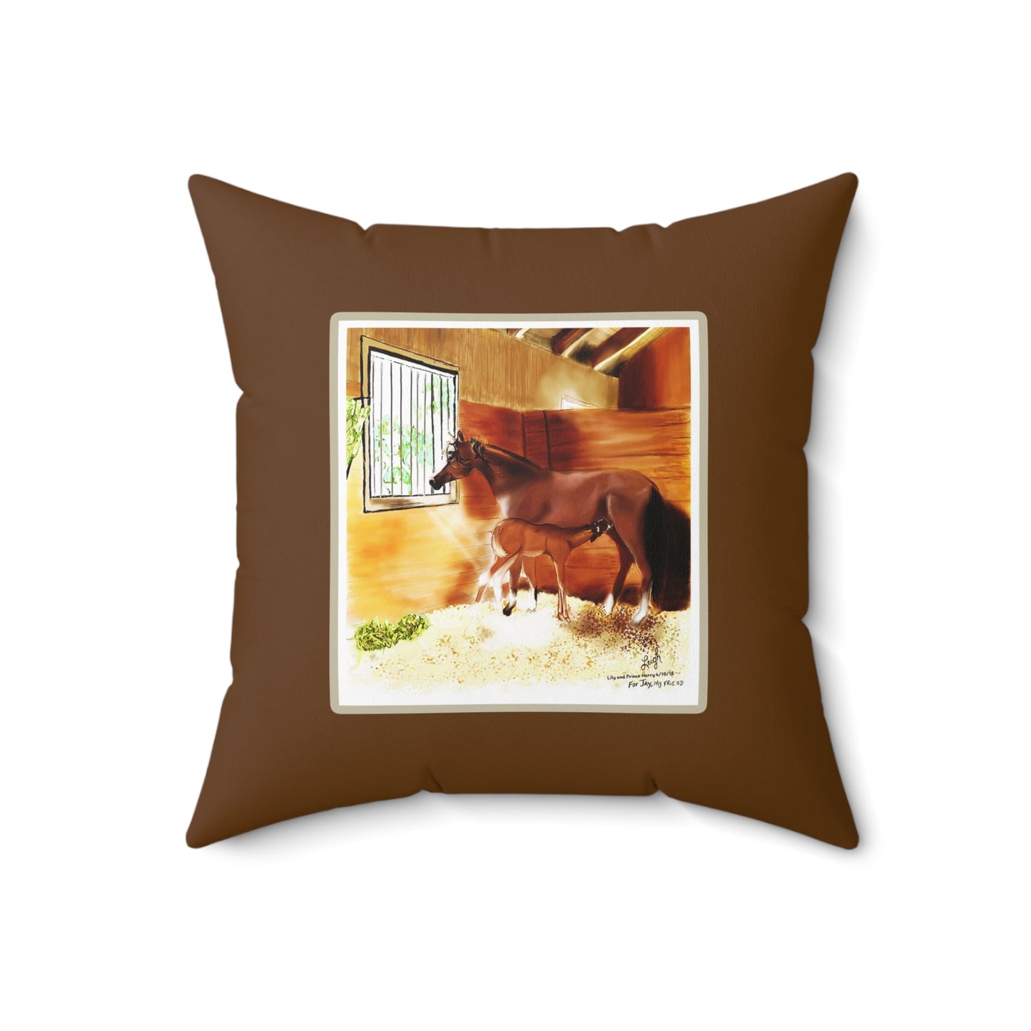 Mare & Foal - dark brown border Spun Polyester Square Pillow