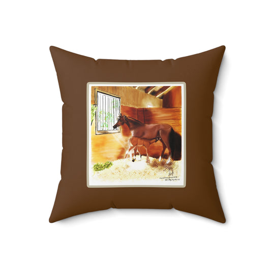 Mare & Foal - dark brown border Spun Polyester Square Pillow