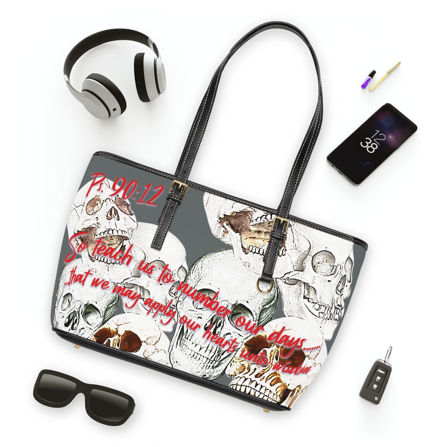 Psalm 90:12 PU Leather Shoulder Bag with Artistic Skull Design - Stylish Tote for Fashion Enthusiasts