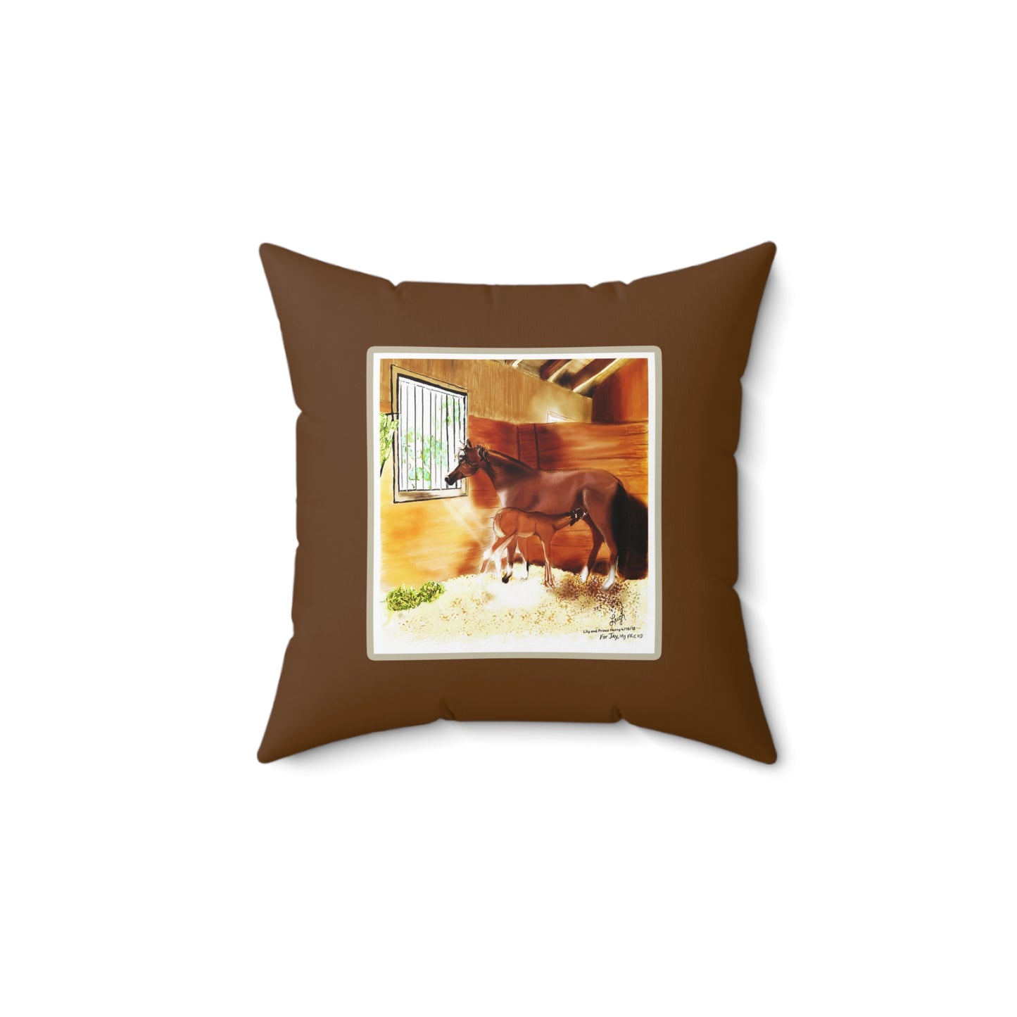 Mare & Foal - dark brown border Spun Polyester Square Pillow