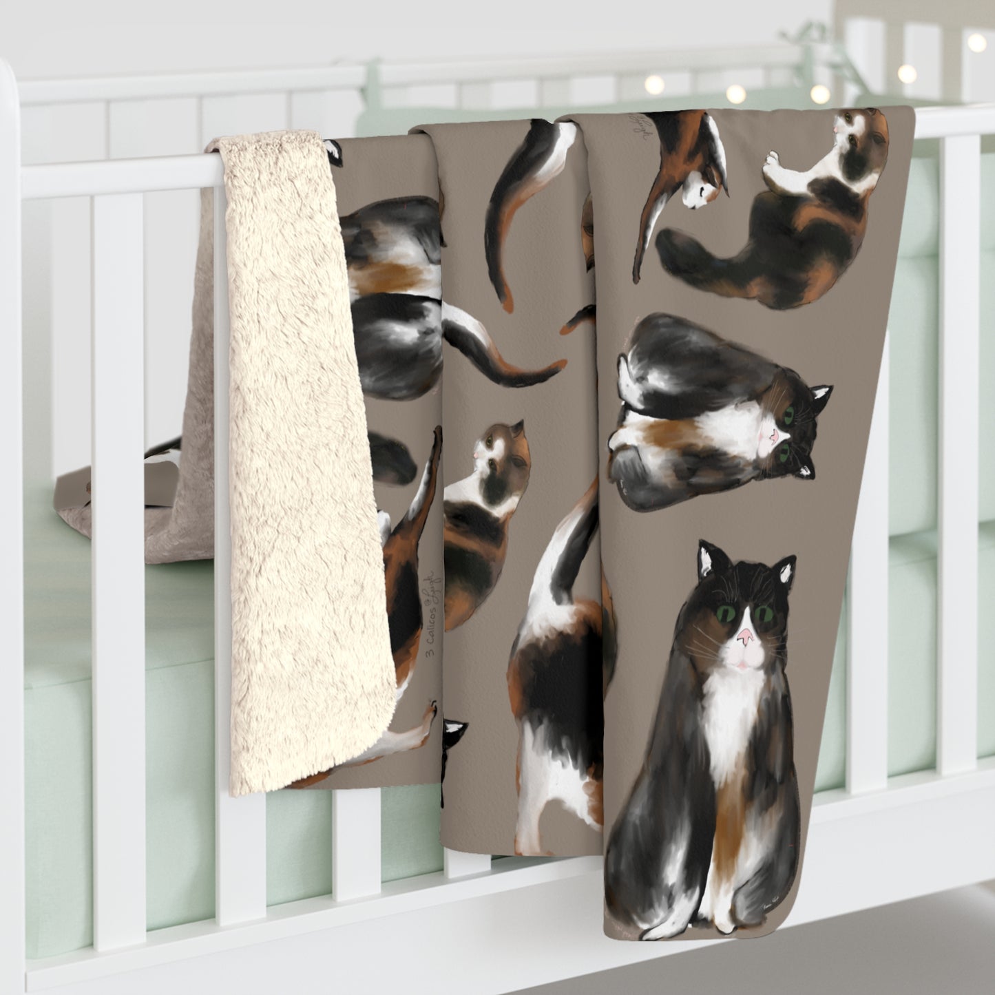 Scribbles Cats 3 Calicos - Taupe - Sherpa Fleece Blanket